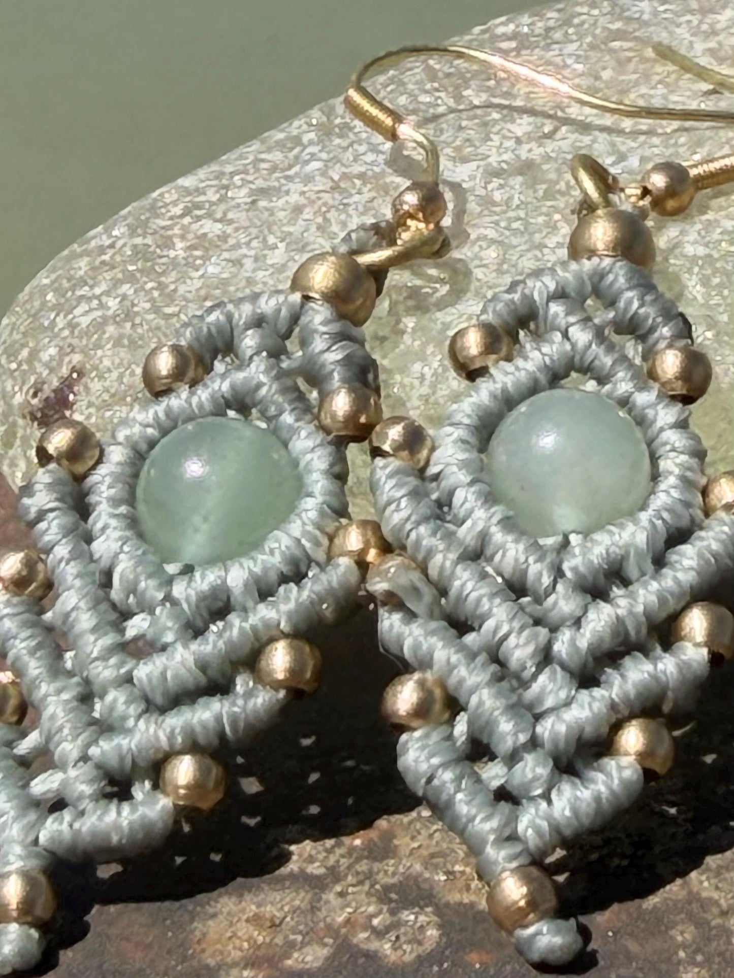 Moss agate macrame gemstone earrings. Long drop dangly earrings. Green gemstone earrings. Ethical jewellery. Moss agate jewellery.