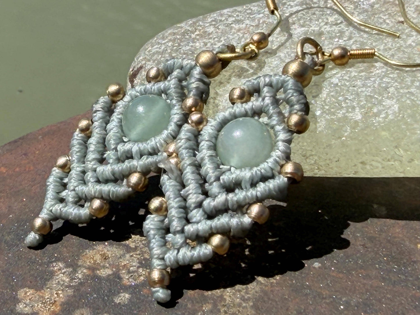 Moss agate macrame gemstone earrings. Long drop dangly earrings. Green gemstone earrings. Ethical jewellery. Moss agate jewellery.