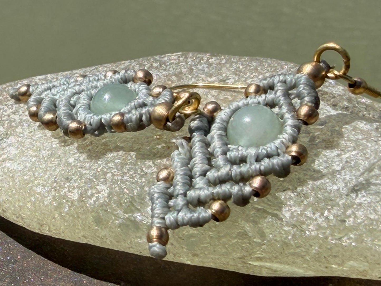 Moss agate macrame gemstone earrings. Long drop dangly earrings. Green gemstone earrings. Ethical jewellery. Moss agate jewellery.