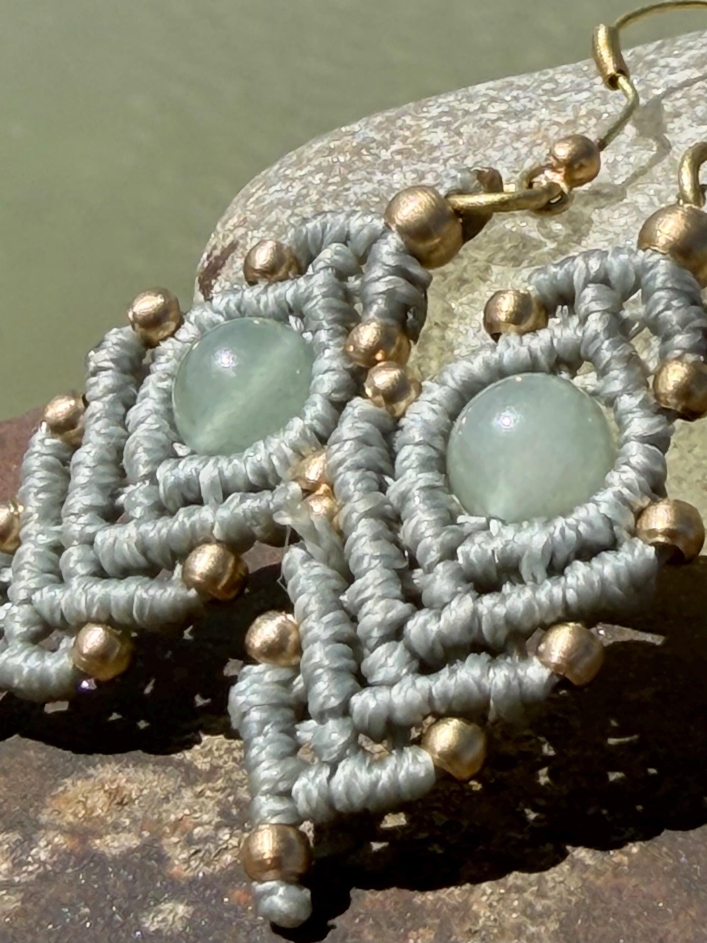 Moss agate macrame gemstone earrings. Long drop dangly earrings. Green gemstone earrings. Ethical jewellery. Moss agate jewellery.