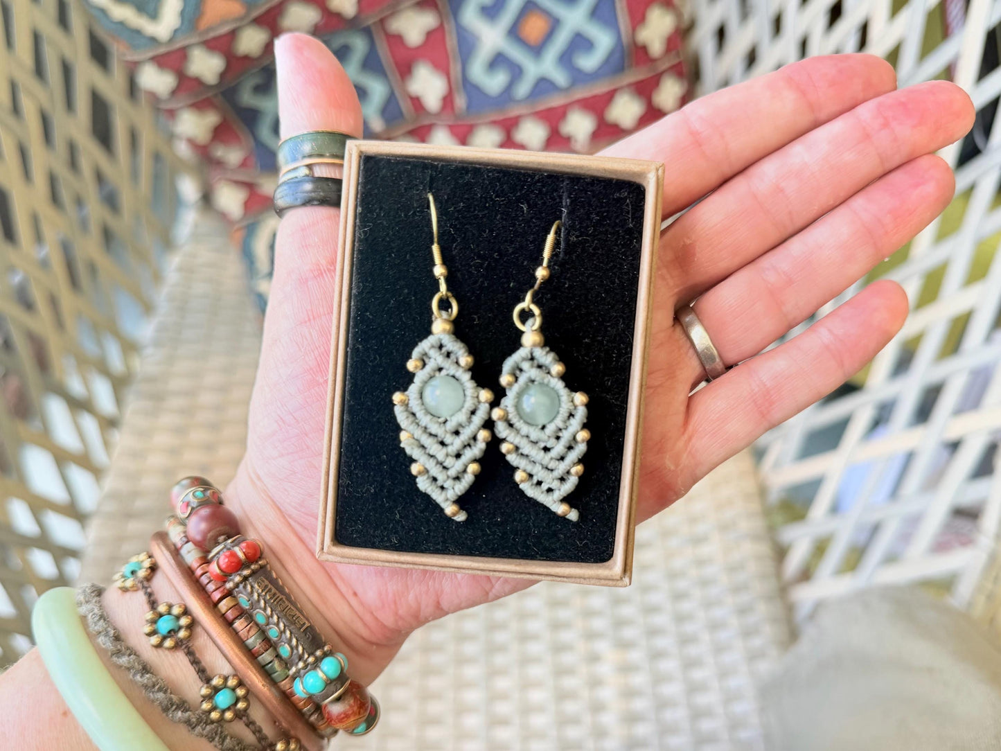 Moss agate macrame gemstone earrings. Long drop dangly earrings. Green gemstone earrings. Ethical jewellery. Moss agate jewellery.