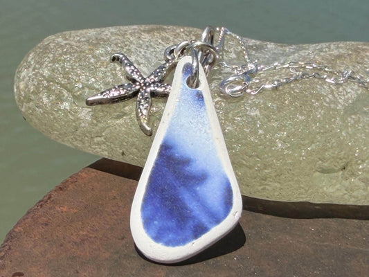 Eco friendly sea ceramic necklace on a sterling silver chain showcasing a little starfish pendant, starfish necklace, ethical jewellery