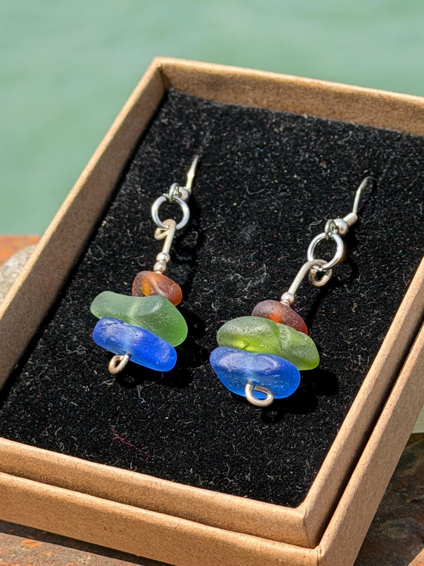 Handmade earrings. Recycled earrings, Unique earrings, red white blue sea glass earrings. Jubilee earrings, gift for her, ethical jewellery