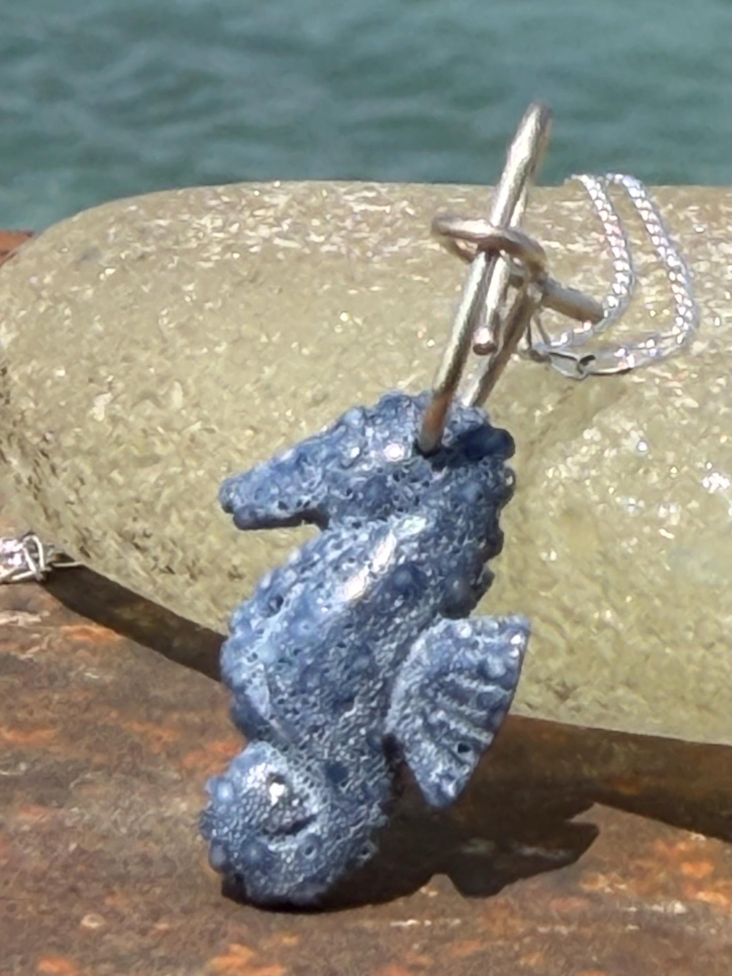 Kyanite seahorse necklace. Upcycled gemstone seahorse on recycled sterling silver. Eco friendly jewellery. Ethical jewellery. Seahorses