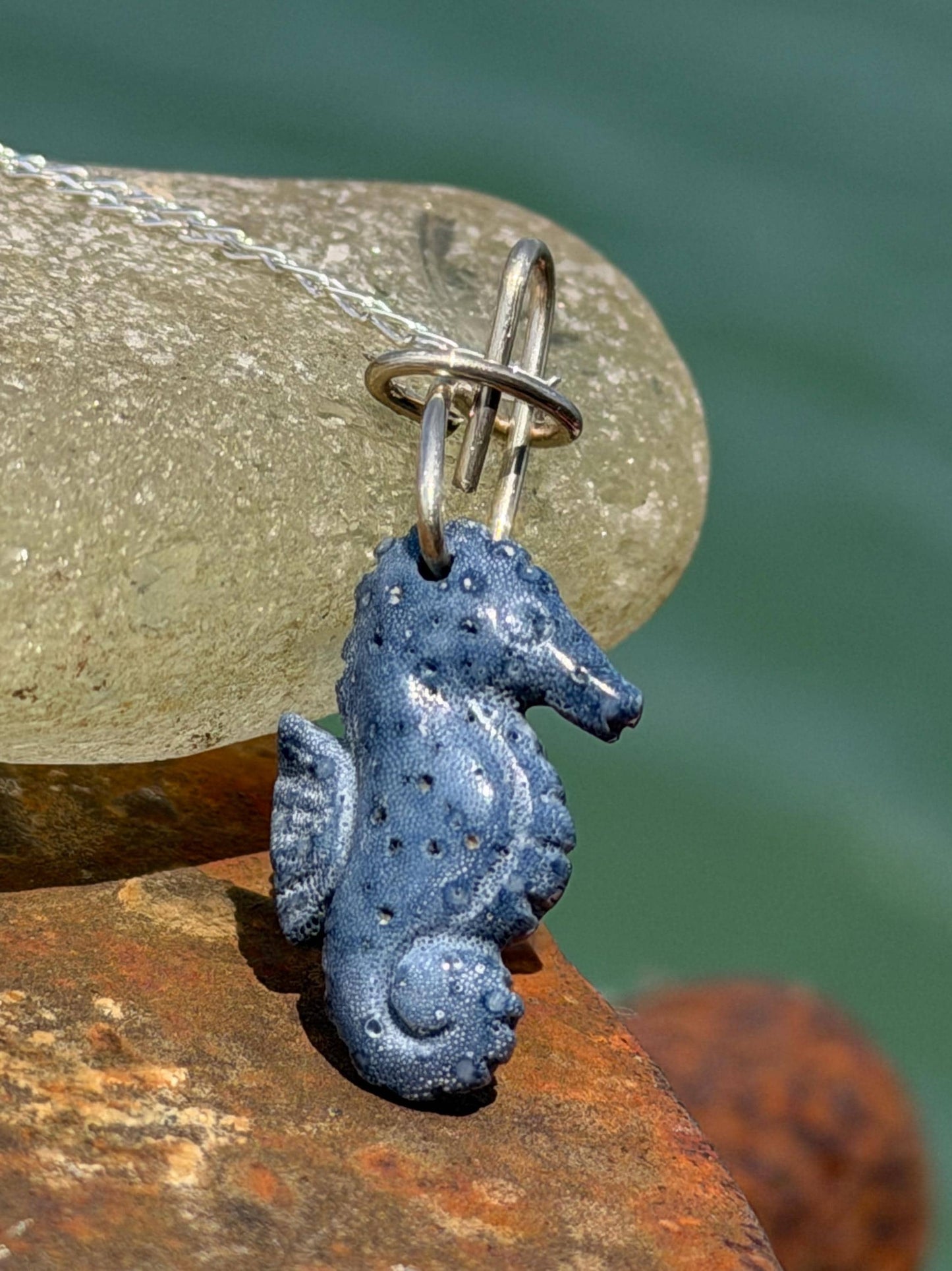 Kyanite seahorse necklace. Upcycled gemstone seahorse on recycled sterling silver. Eco friendly jewellery. Ethical jewellery. Seahorses
