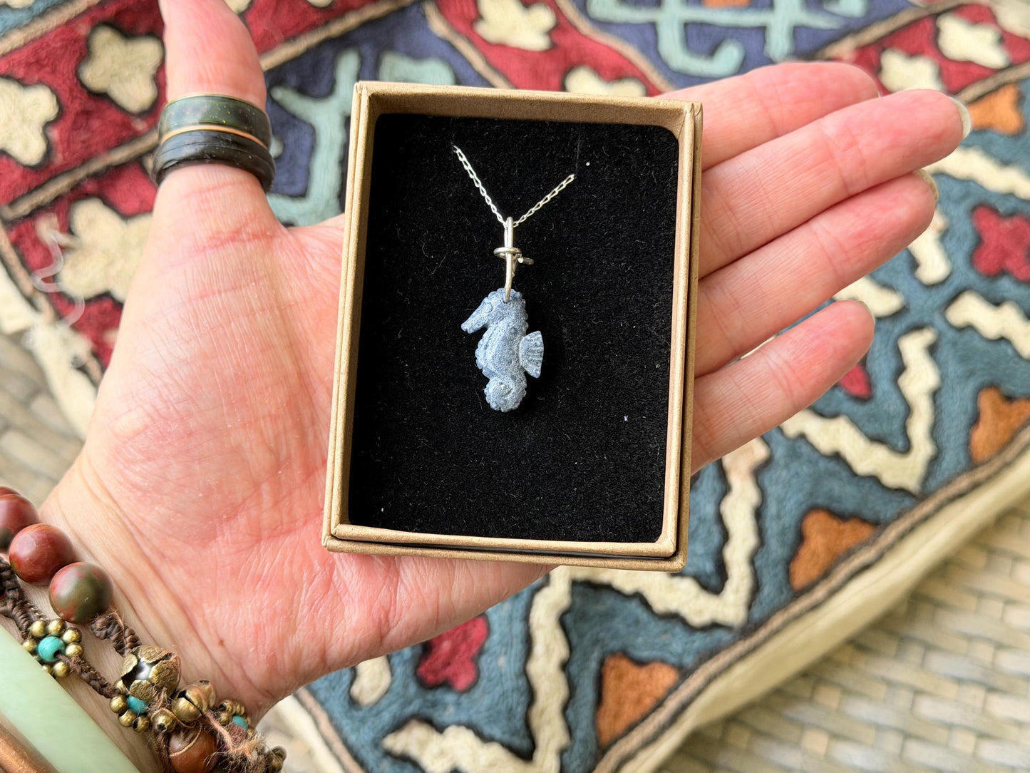 Kyanite seahorse necklace. Upcycled gemstone seahorse on recycled sterling silver. Eco friendly jewellery. Ethical jewellery. Seahorses