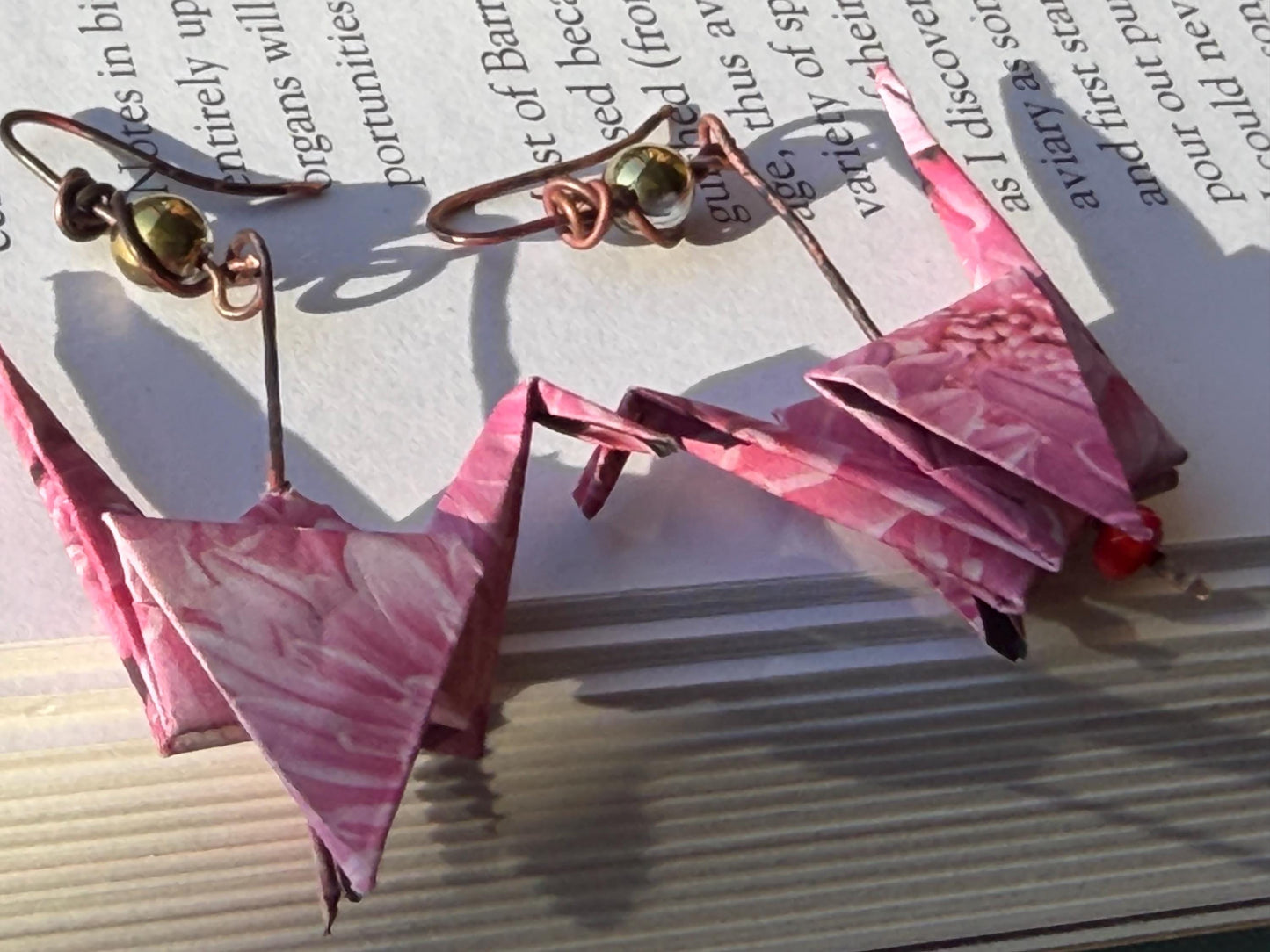 Bird origami earrings on recycled metals. Eco friendly jewellery. Bird earrings. Handmade bird jewellery. Pink birds. Ethical jewellery.