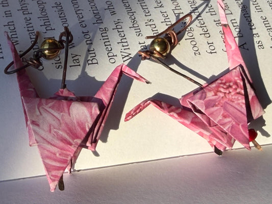 Bird origami earrings on recycled metals. Eco friendly jewellery. Bird earrings. Handmade bird jewellery. Pink birds. Ethical jewellery.