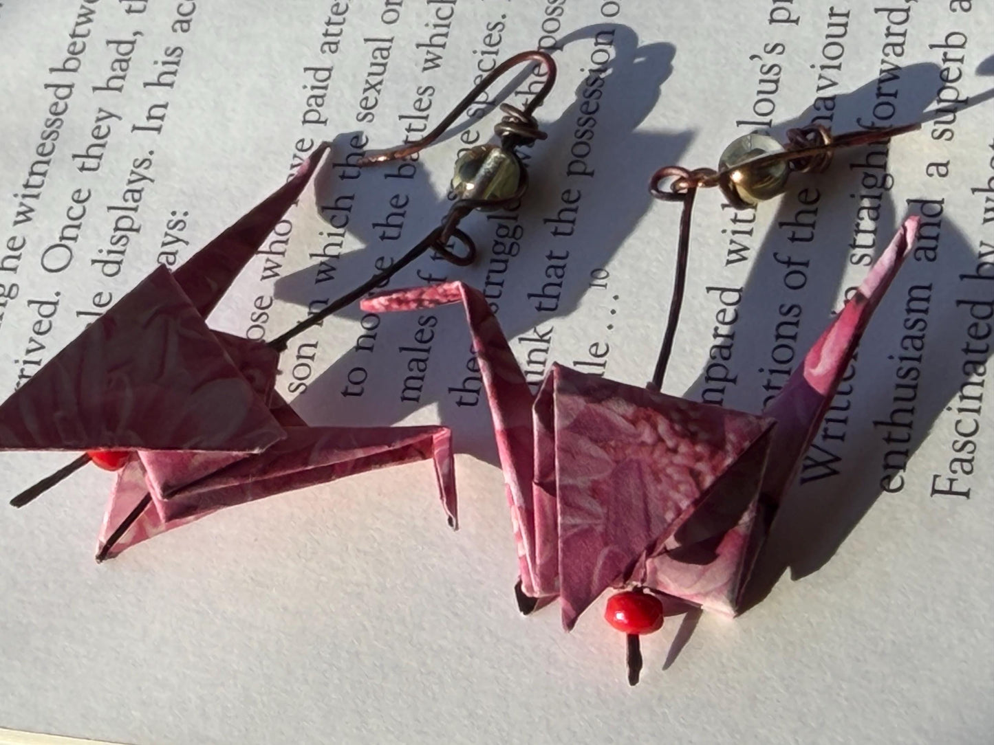 Bird origami earrings on recycled metals. Eco friendly jewellery. Bird earrings. Handmade bird jewellery. Pink birds. Ethical jewellery.