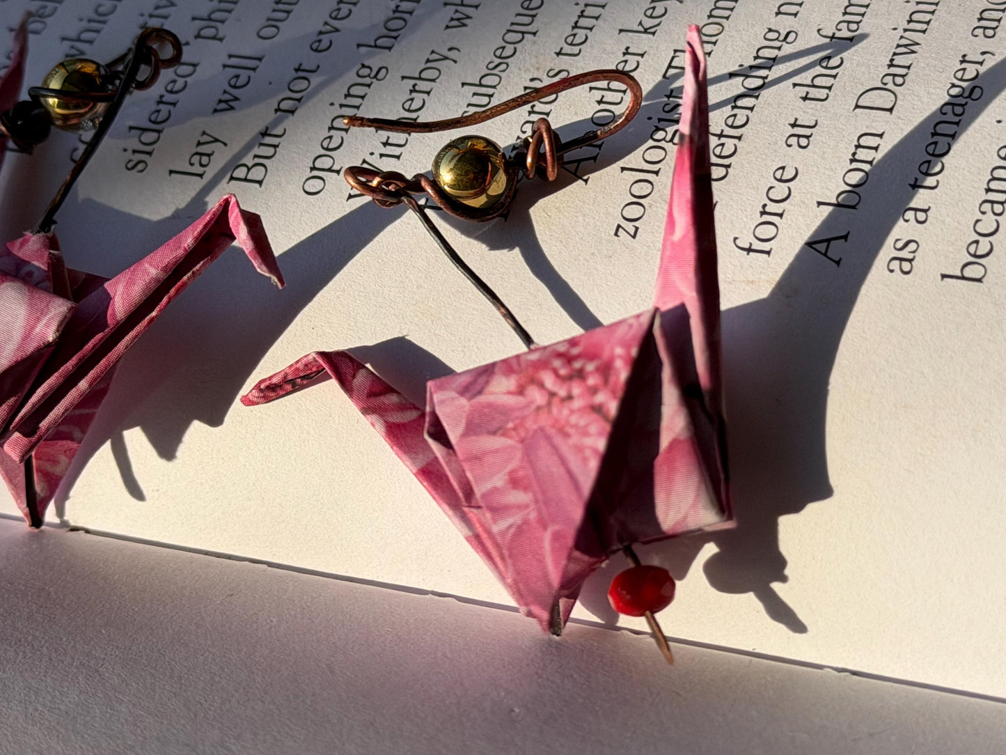 Bird origami earrings on recycled metals. Eco friendly jewellery. Bird earrings. Handmade bird jewellery. Pink birds. Ethical jewellery.