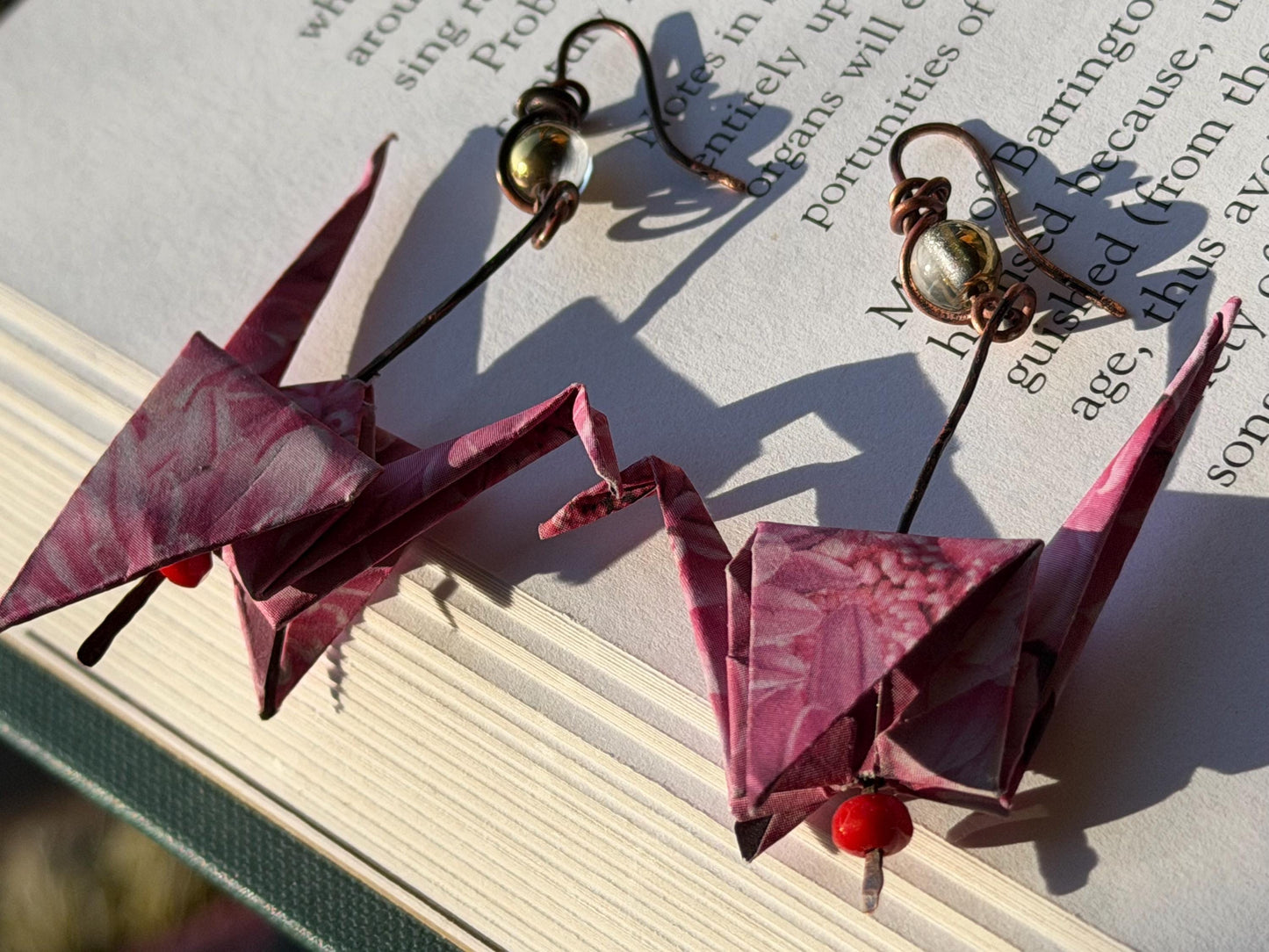 Bird origami earrings on recycled metals. Eco friendly jewellery. Bird earrings. Handmade bird jewellery. Pink birds. Ethical jewellery.