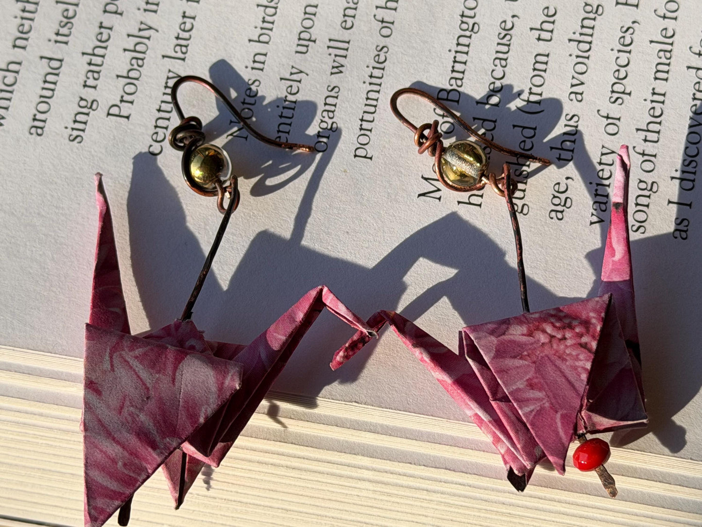 Bird origami earrings on recycled metals. Eco friendly jewellery. Bird earrings. Handmade bird jewellery. Pink birds. Ethical jewellery.