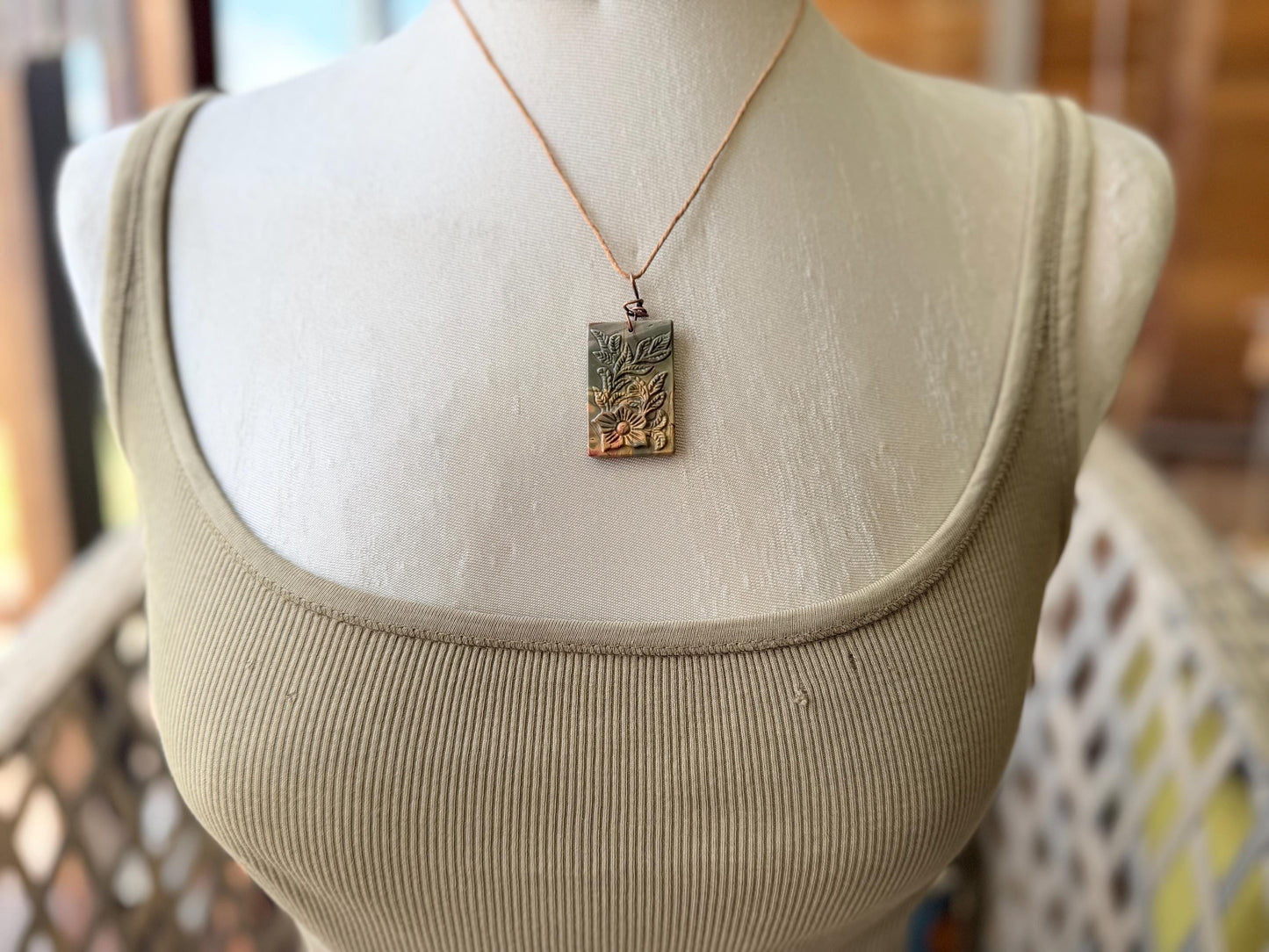 Carved Picasso Jasper gemstone necklace. Unusual gemstone jewellery. Boho eco friendly necklace with carved flowers and leaves.