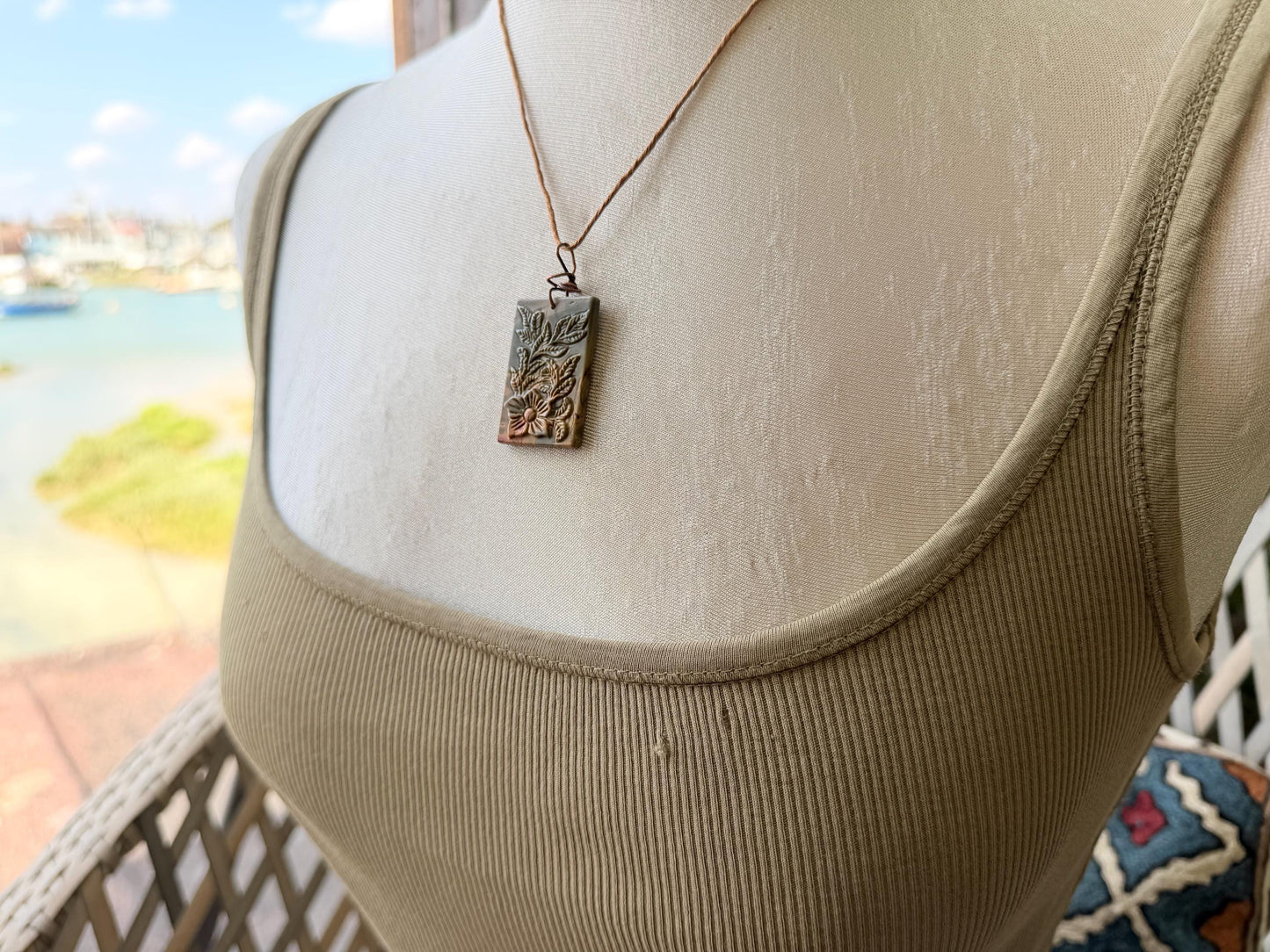 Carved Picasso Jasper gemstone necklace. Unusual gemstone jewellery. Boho eco friendly necklace with carved flowers and leaves.