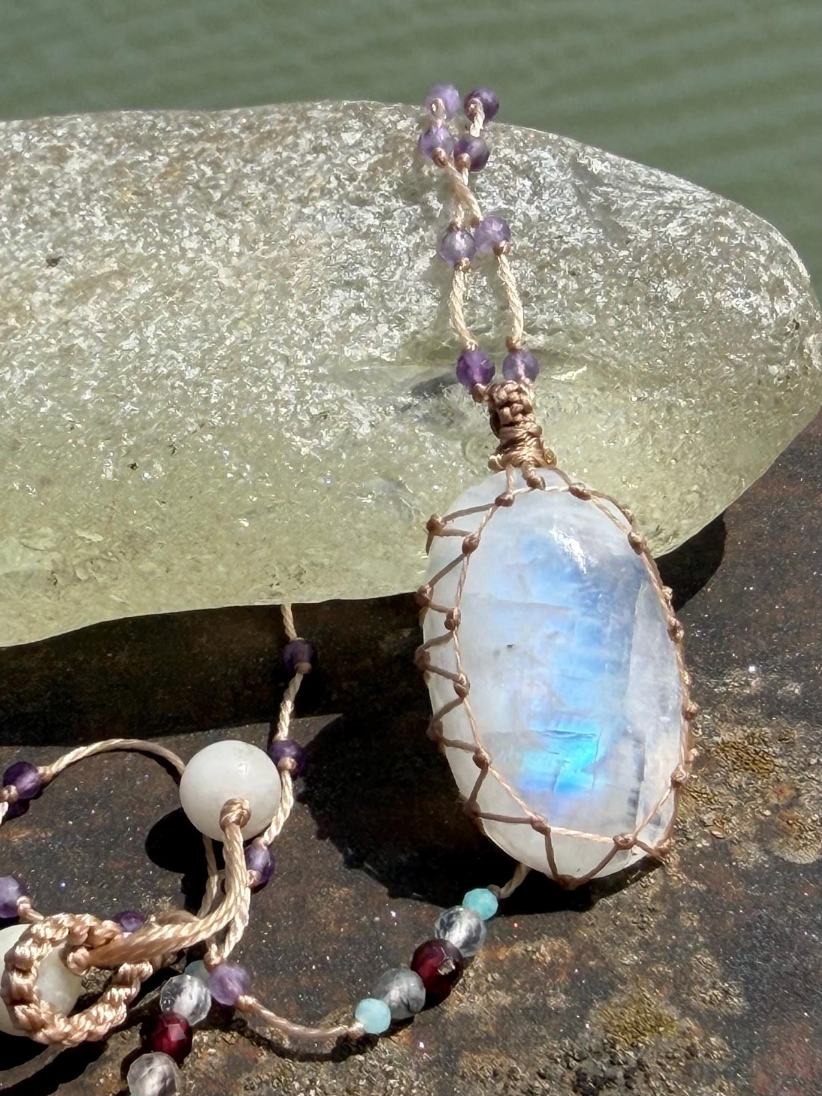 Stunning rainbow moonstone necklace, moonstone pendant, rainbow gemstone, Handmade gemstone necklace, boho gift for her. Macrame jewellery.