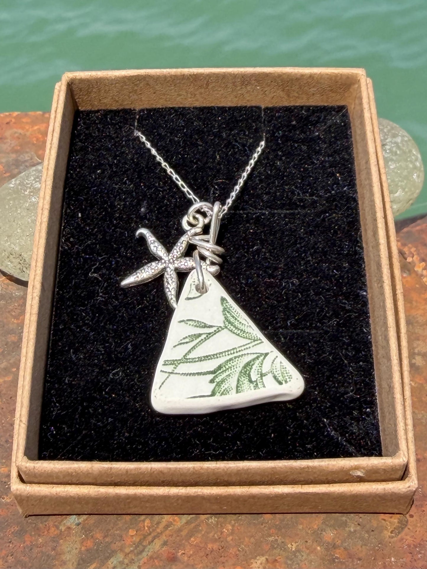 Eco friendly sea ceramic necklace on a sterling silver chain. Eco friendly jewellery, ethical jewellery. Eco friendly necklace.