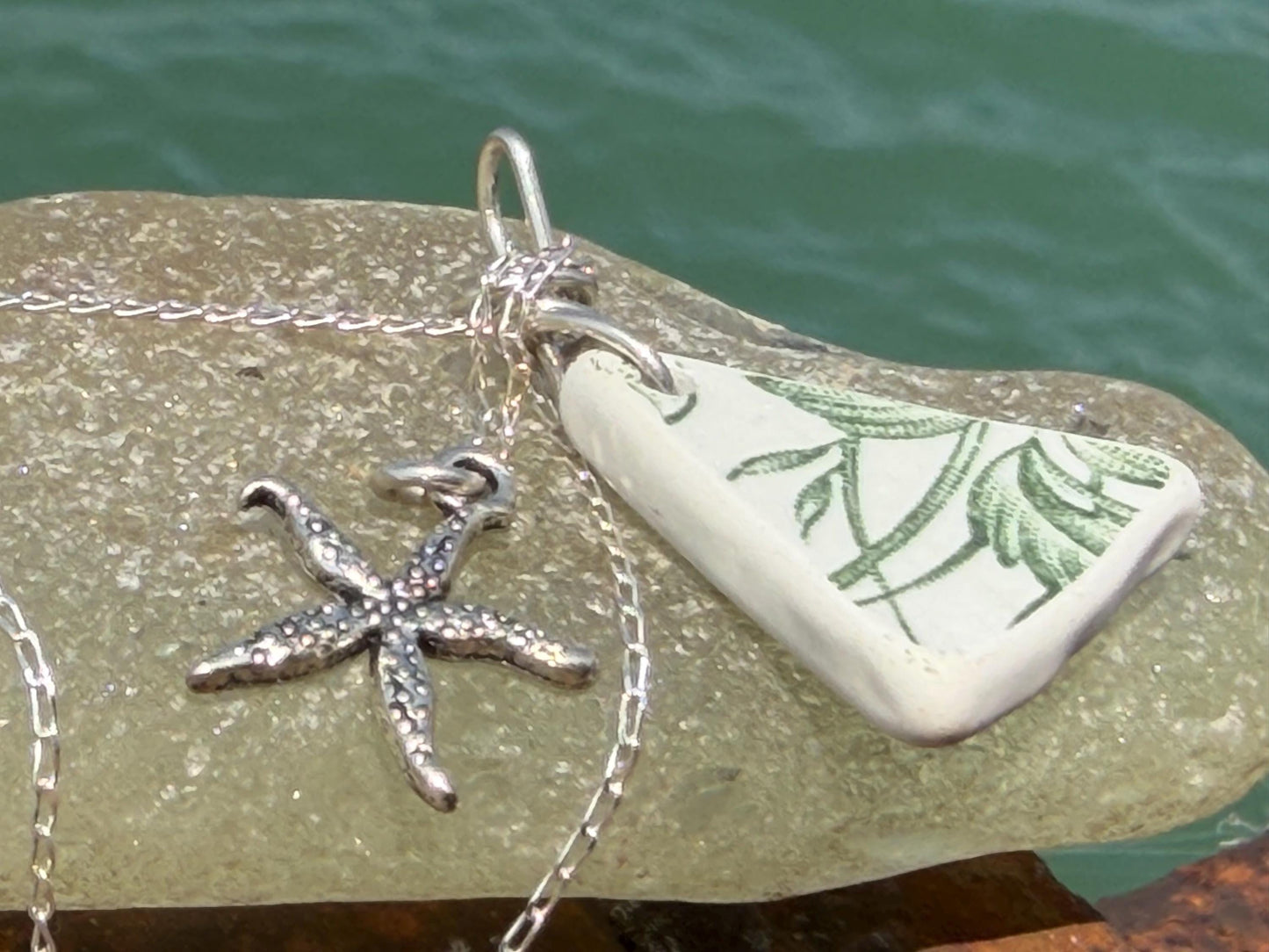 Eco friendly sea ceramic necklace on a sterling silver chain. Eco friendly jewellery, ethical jewellery. Eco friendly necklace.