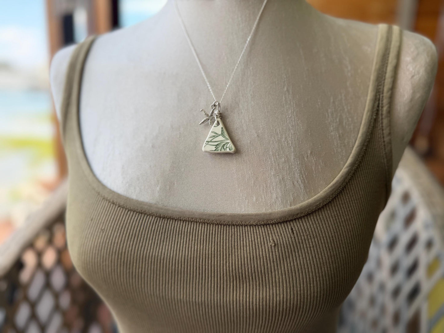 Eco friendly sea ceramic necklace on a sterling silver chain. Eco friendly jewellery, ethical jewellery. Eco friendly necklace.