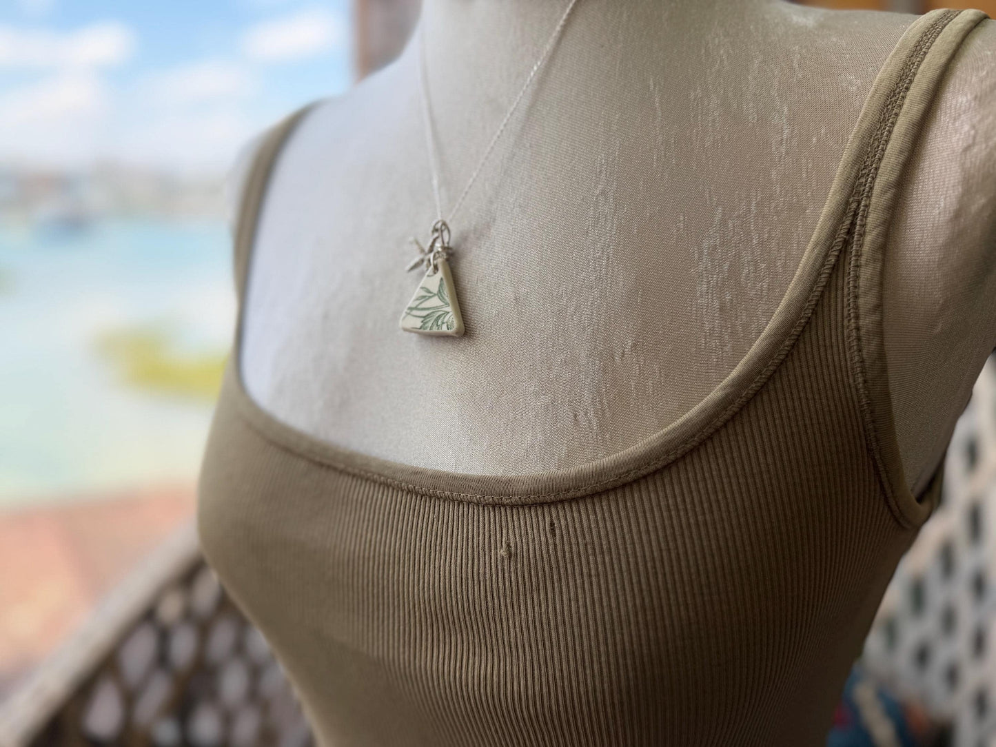 Eco friendly sea ceramic necklace on a sterling silver chain. Eco friendly jewellery, ethical jewellery. Eco friendly necklace.