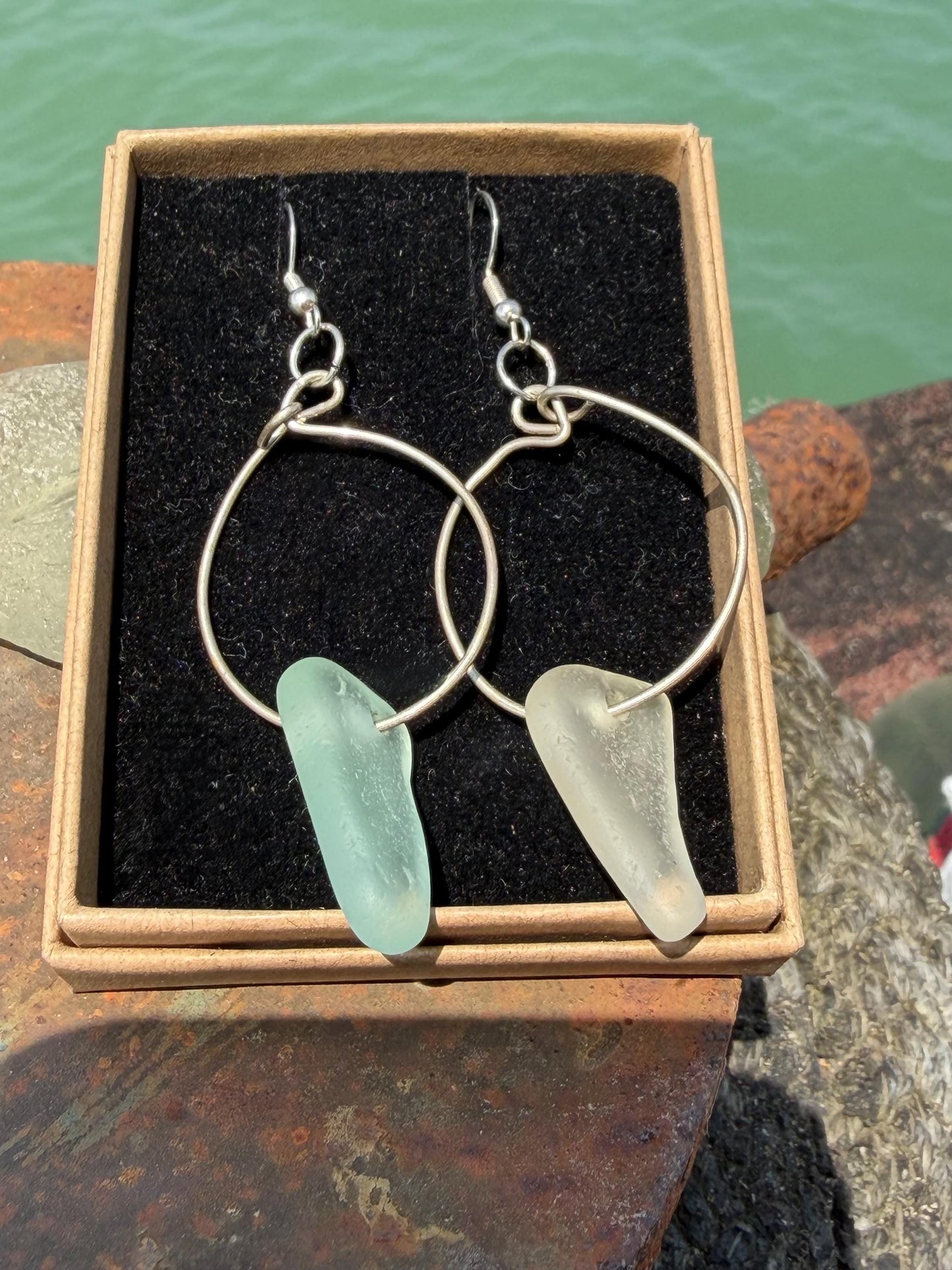 Sea glass and sterling silver earrings. Unique jewellery, Unique earrings, sea glass jewellery. Handmade gift for her. Sustainable jewellery