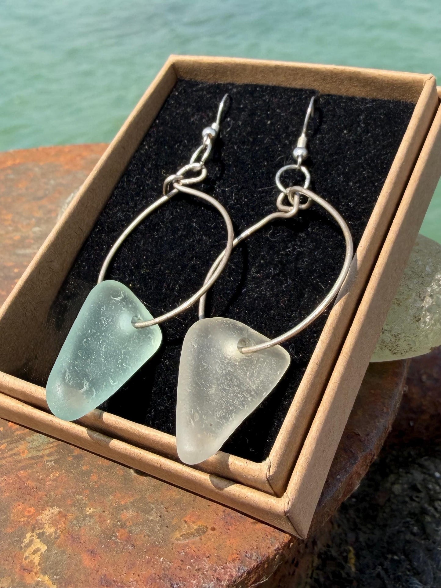 Sea glass and sterling silver earrings. Unique jewellery, Unique earrings, sea glass jewellery. Handmade gift for her. Sustainable jewellery