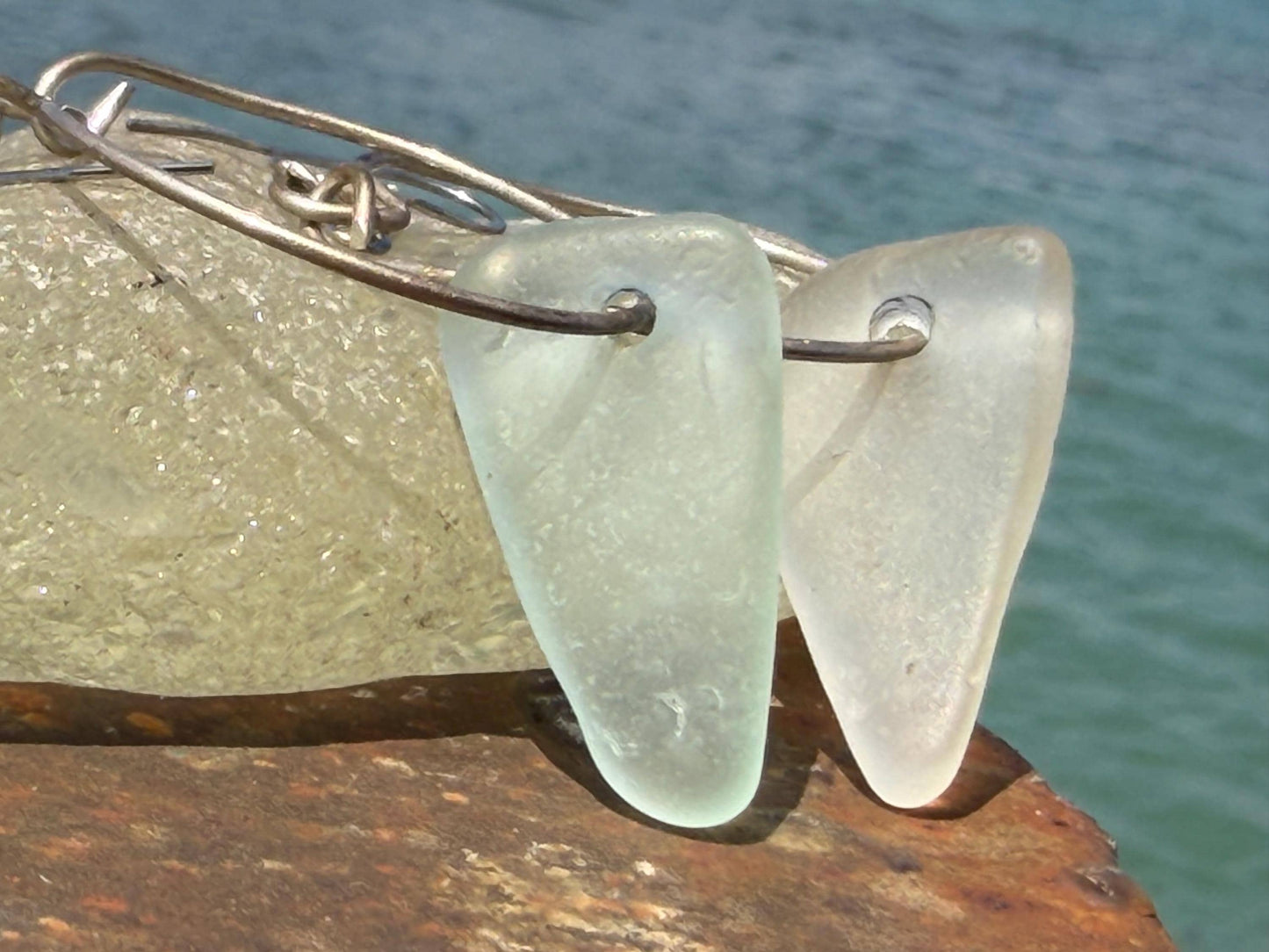 Sea glass and sterling silver earrings. Unique jewellery, Unique earrings, sea glass jewellery. Handmade gift for her. Sustainable jewellery
