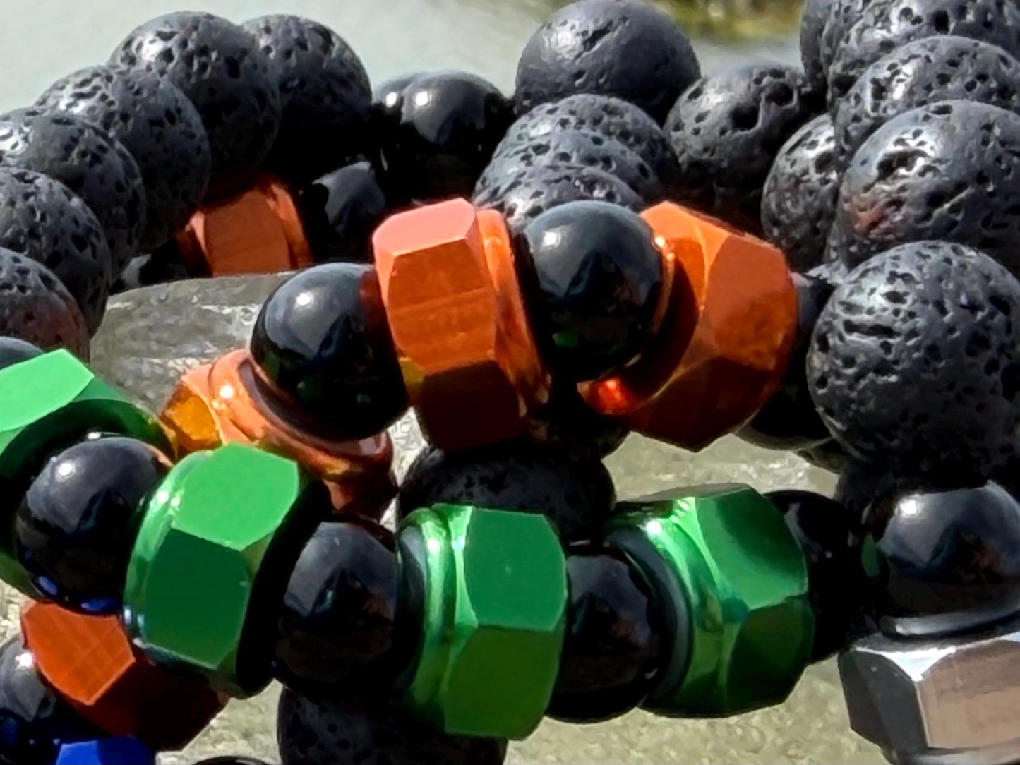 Nuts NO Bolts bracelet. Novelty gift for him. Bracelet for a man. Black bracelet made from nuts, lava and onyx. Gifts for men. Male bracelet