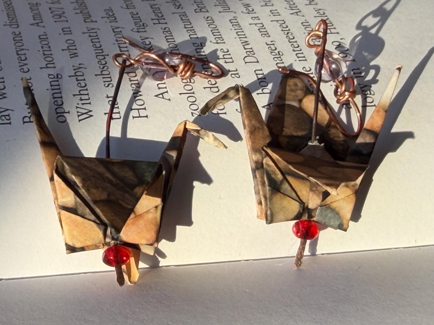 Bird origami earrings on recycled metals. Eco friendly jewellery. Bird earrings. Handmade bird jewellery. Red birds. Ethical jewellery.