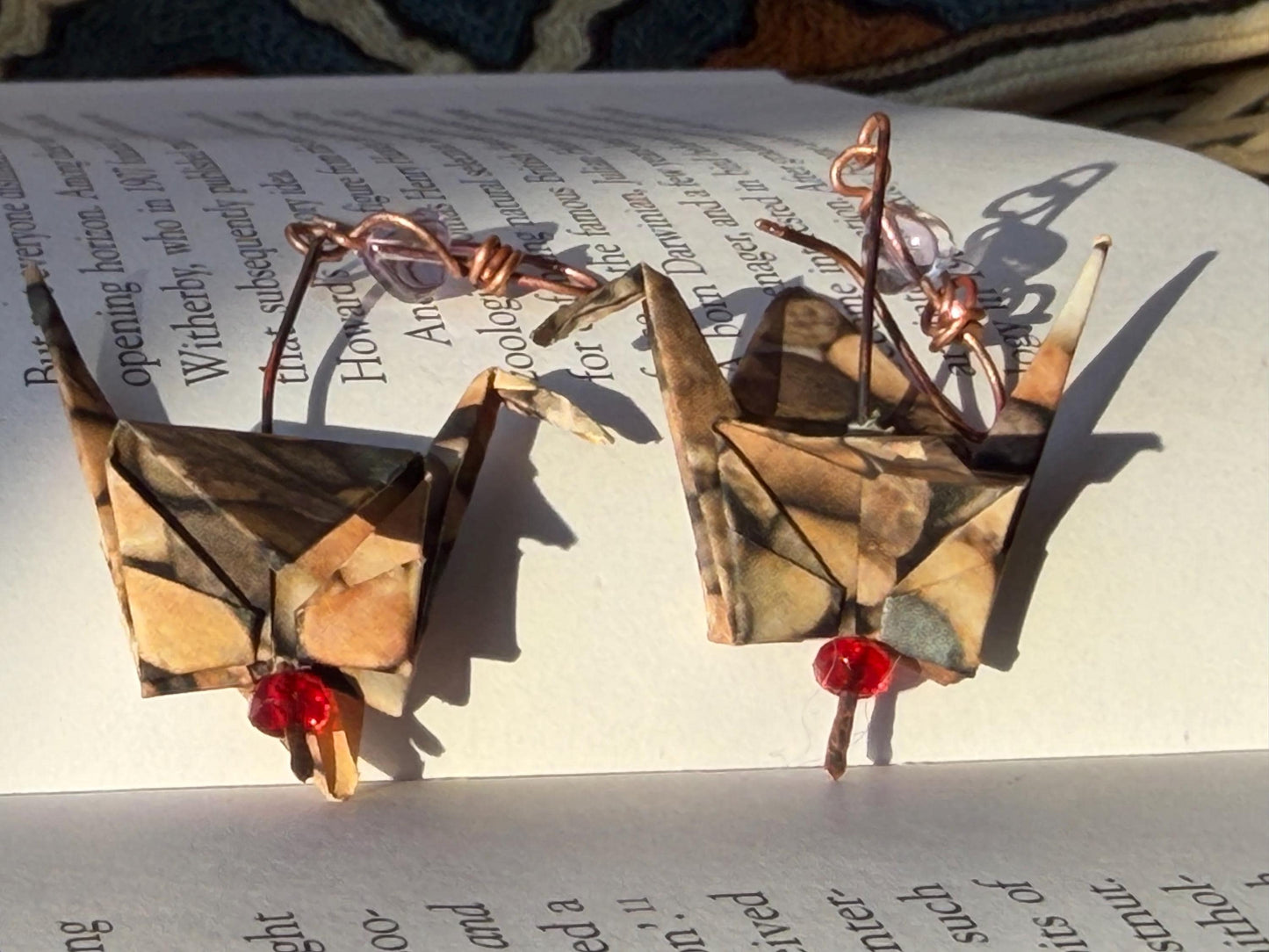 Bird origami earrings on recycled metals. Eco friendly jewellery. Bird earrings. Handmade bird jewellery. Red birds. Ethical jewellery.