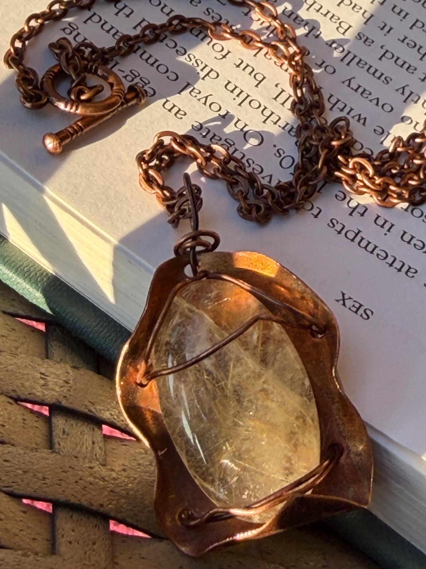 Eco friendly handmade necklace made from rutile quartz & naturally weathered recycled copper. Ethical jewellery. Unique handmade jewellery.
