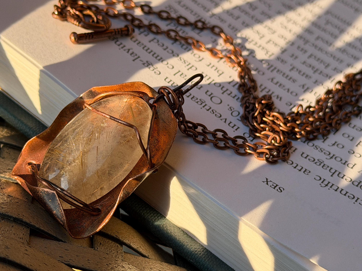 Eco friendly handmade necklace made from rutile quartz & naturally weathered recycled copper. Ethical jewellery. Unique handmade jewellery.