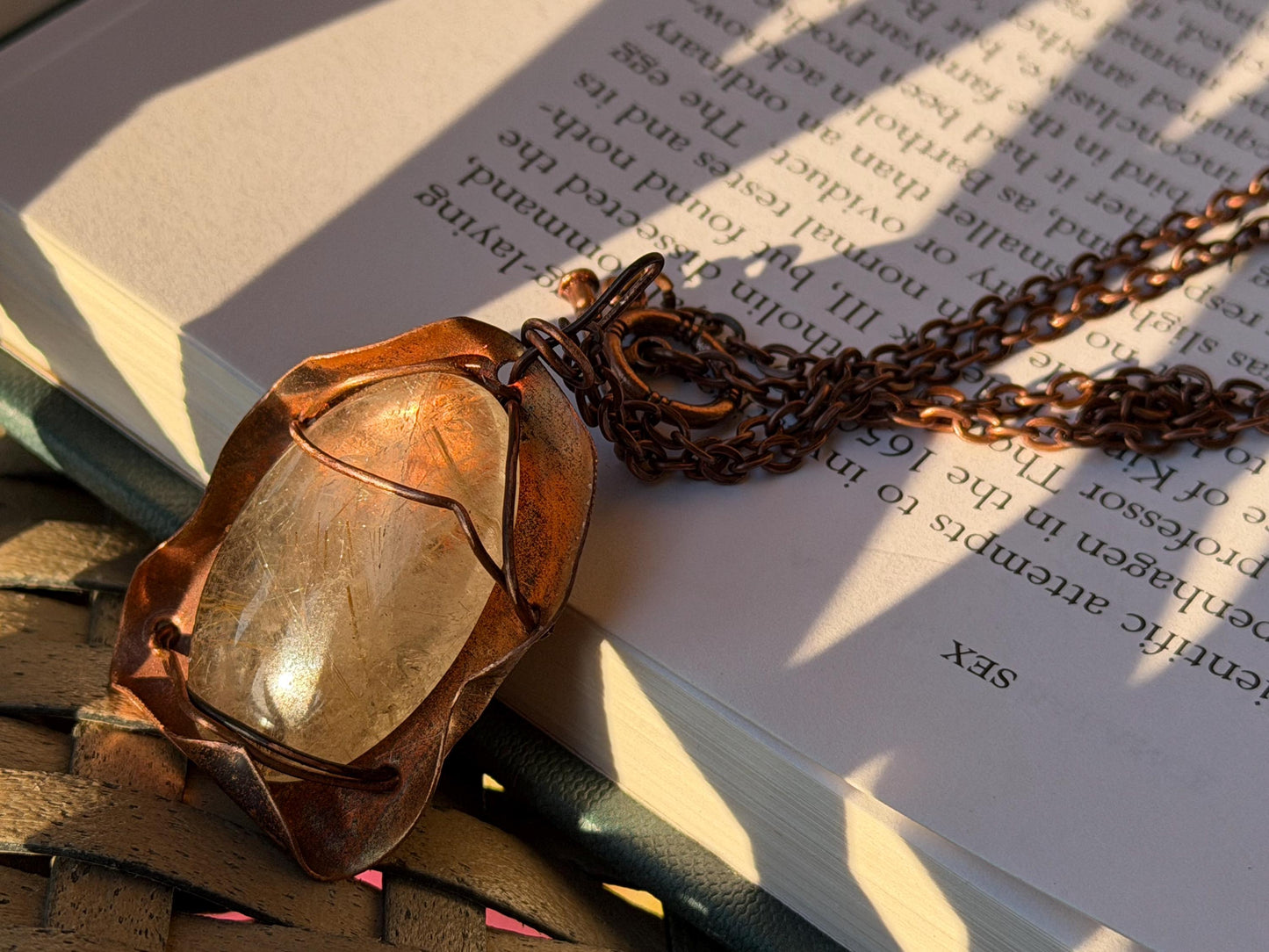 Eco friendly handmade necklace made from rutile quartz & naturally weathered recycled copper. Ethical jewellery. Unique handmade jewellery.