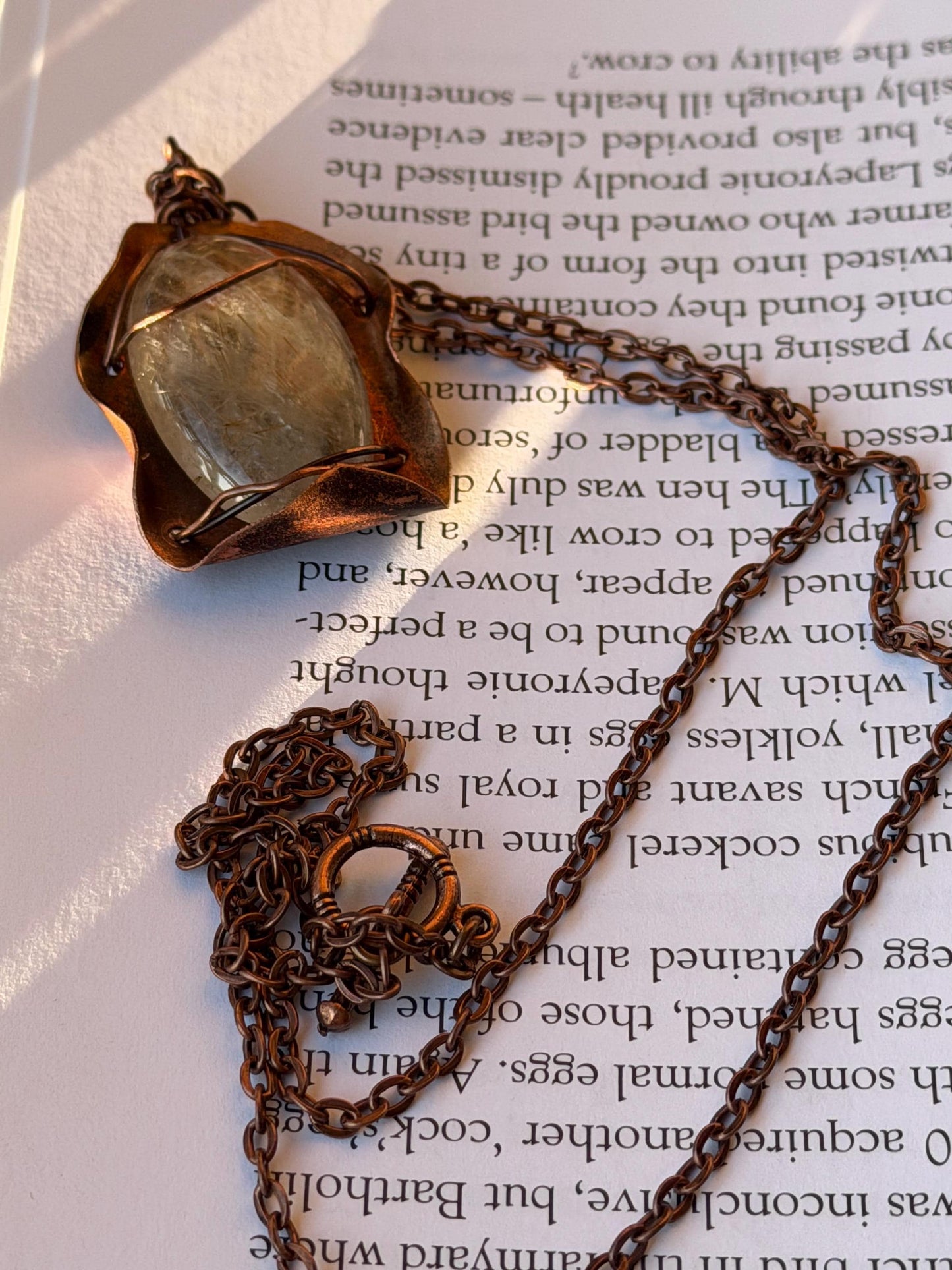 Eco friendly handmade necklace made from rutile quartz & naturally weathered recycled copper. Ethical jewellery. Unique handmade jewellery.