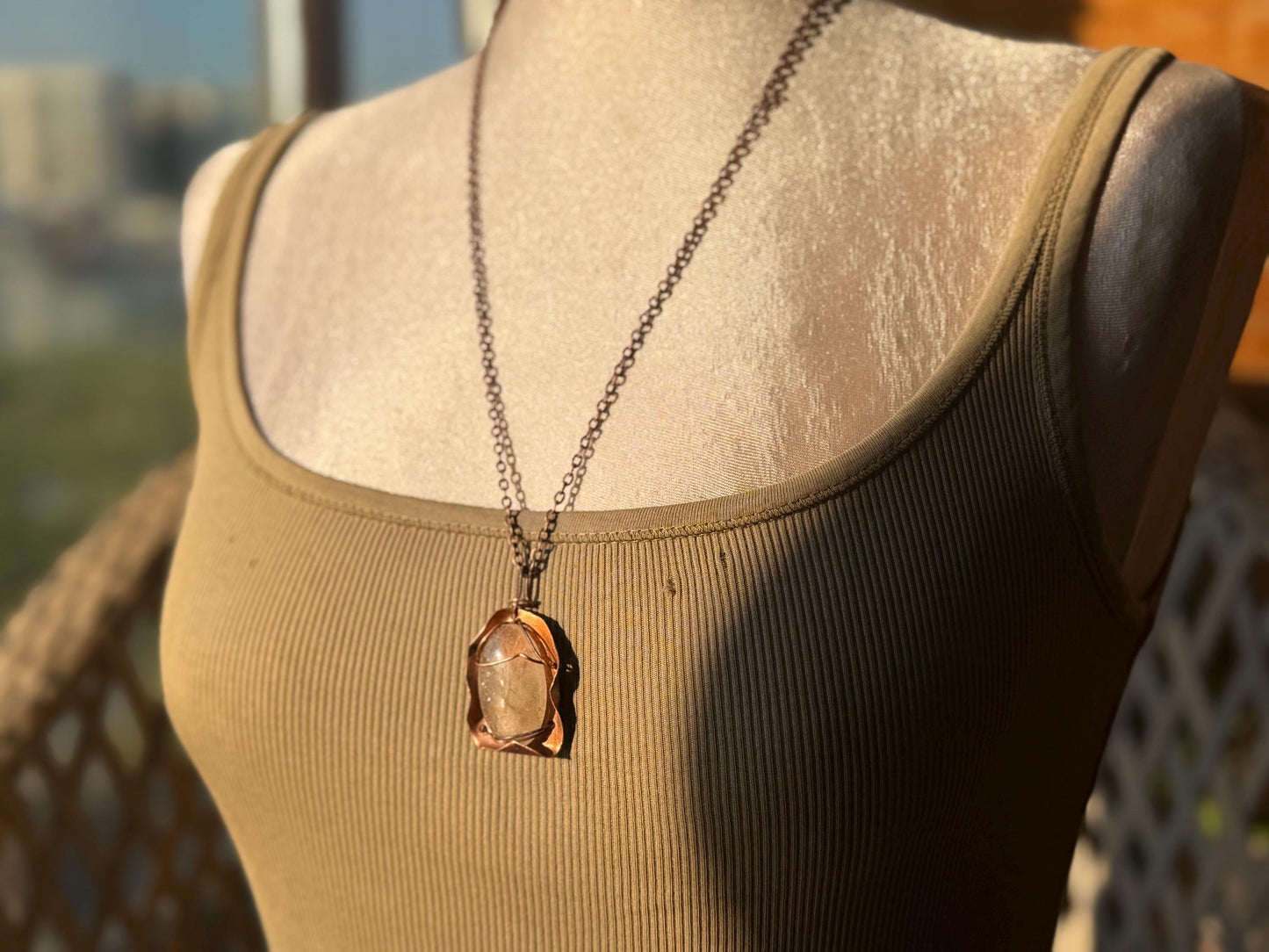 Eco friendly handmade necklace made from rutile quartz & naturally weathered recycled copper. Ethical jewellery. Unique handmade jewellery.
