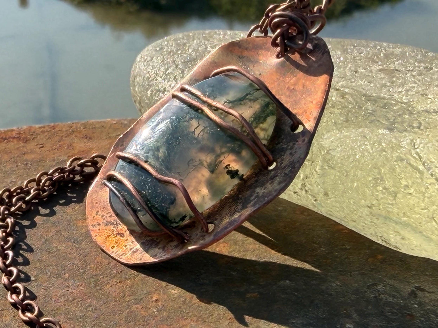 Eco friendly handmade necklace made from moss agate & naturally weathered recycled copper. Ethical jewellery. Unique handmade jewellery.