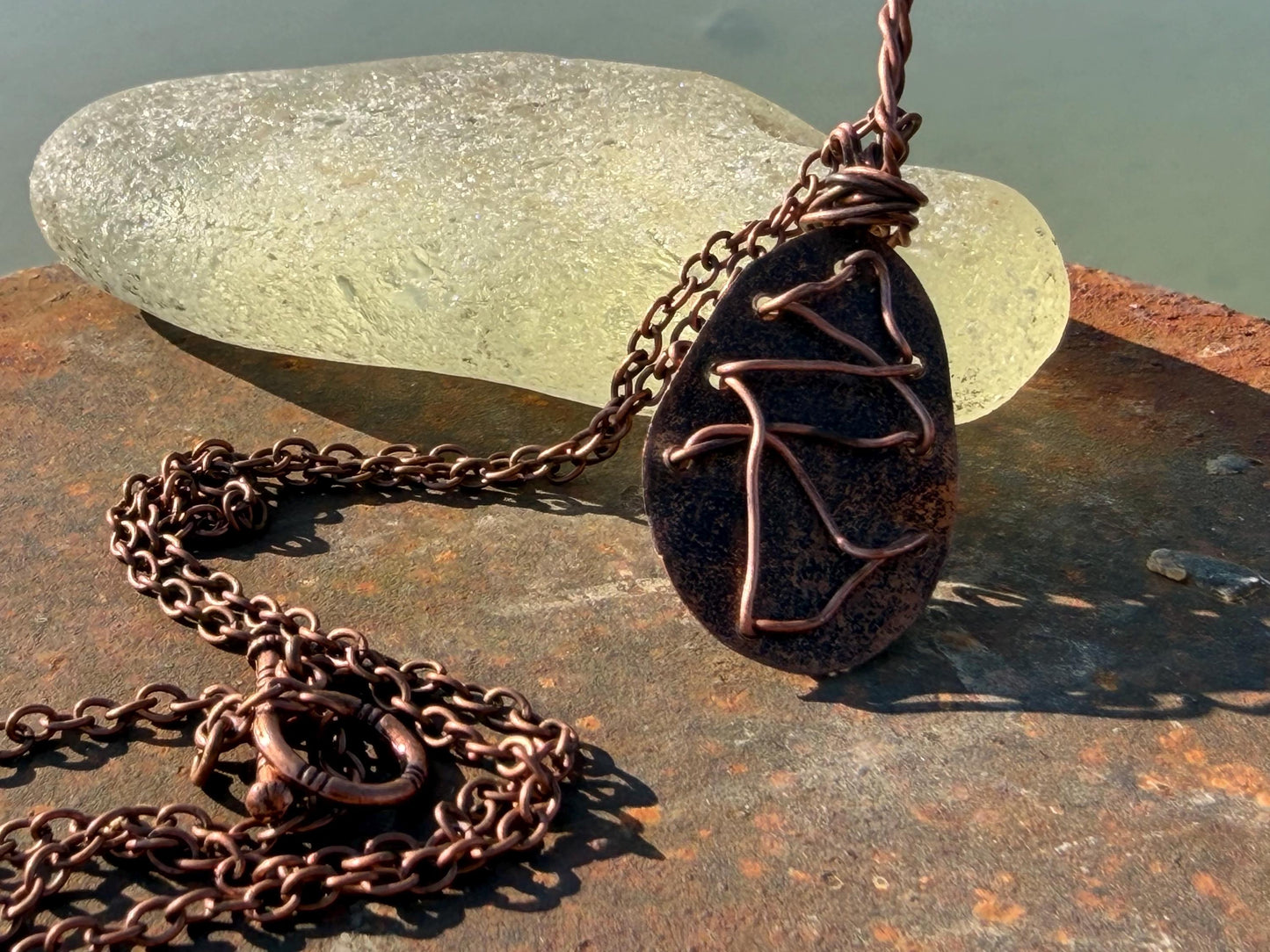 Eco friendly handmade necklace made from moss agate & naturally weathered recycled copper. Ethical jewellery. Unique handmade jewellery.