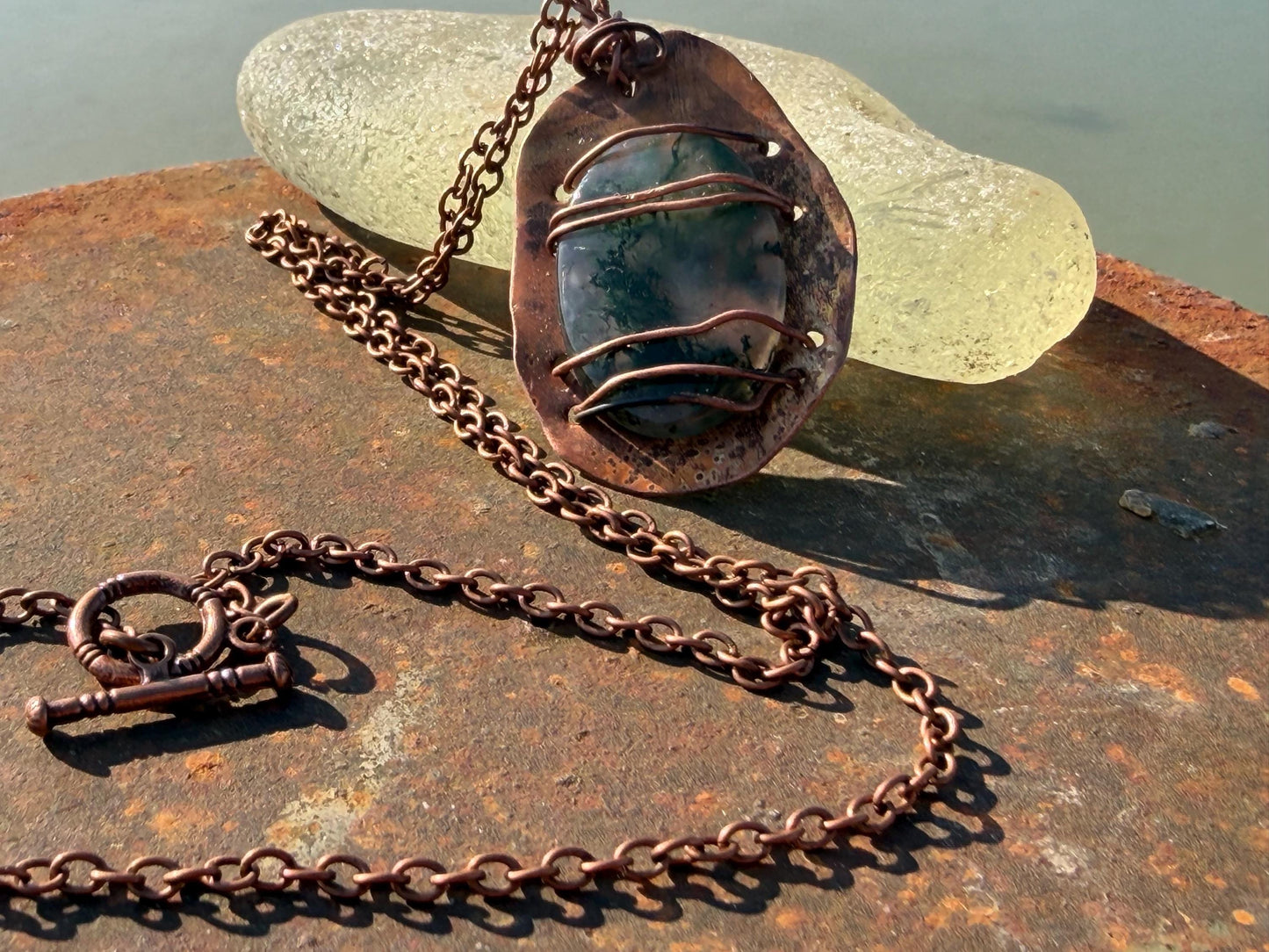 Eco friendly handmade necklace made from moss agate & naturally weathered recycled copper. Ethical jewellery. Unique handmade jewellery.