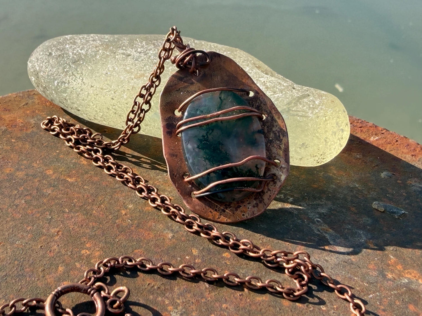 Eco friendly handmade necklace made from moss agate & naturally weathered recycled copper. Ethical jewellery. Unique handmade jewellery.