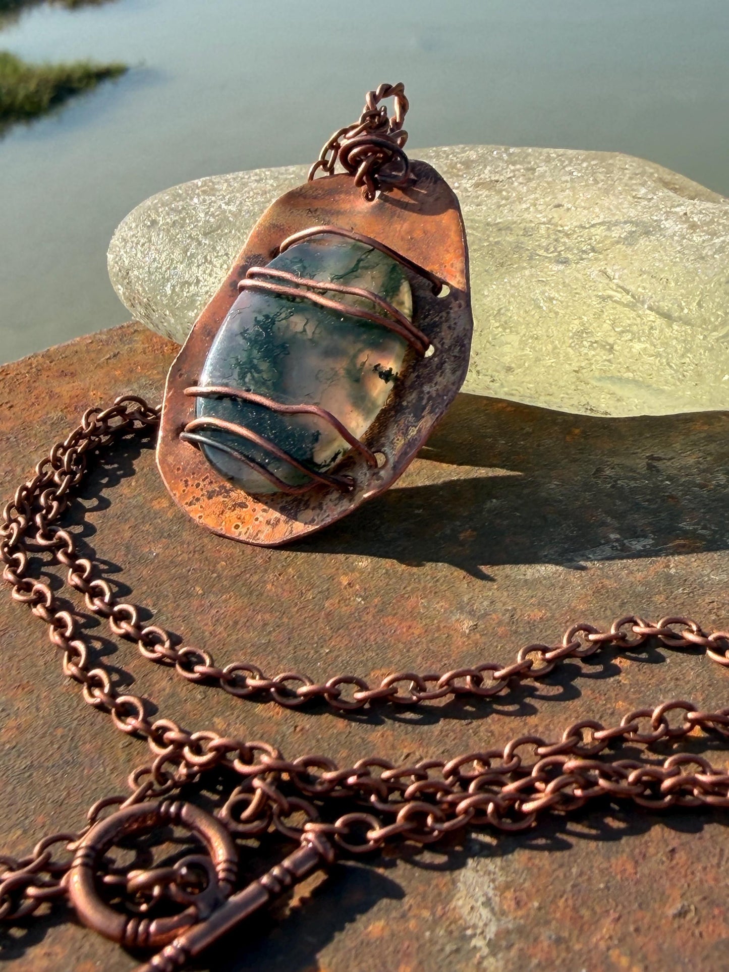 Eco friendly handmade necklace made from moss agate & naturally weathered recycled copper. Ethical jewellery. Unique handmade jewellery.