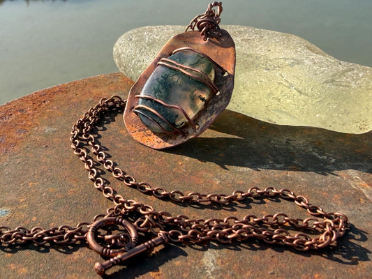 Eco friendly handmade necklace made from moss agate & naturally weathered recycled copper. Ethical jewellery. Unique handmade jewellery.
