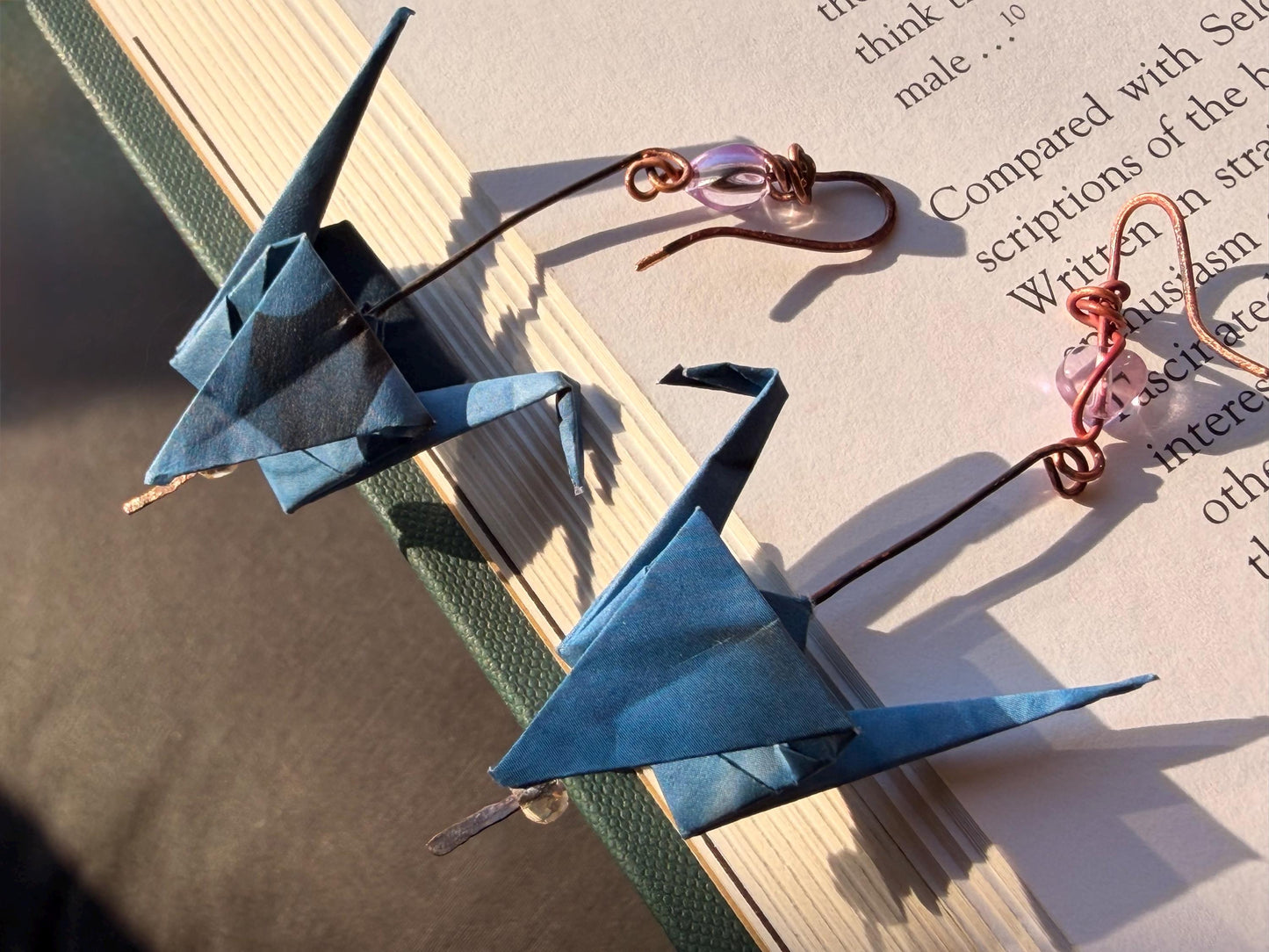 Bird origami earrings on recycled metals. Eco friendly jewellery. Bird earrings. Handmade bird jewellery. Blue birds. Ethical jewellery.