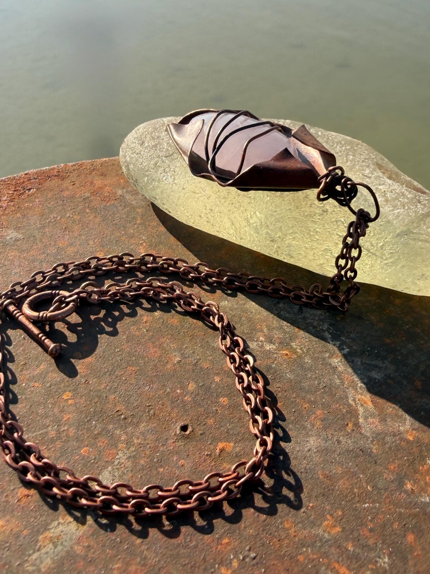 Eco friendly handmade necklace made from rose quartz & naturally weathered recycled copper. Ethical jewellery. Unique handmade jewellery.