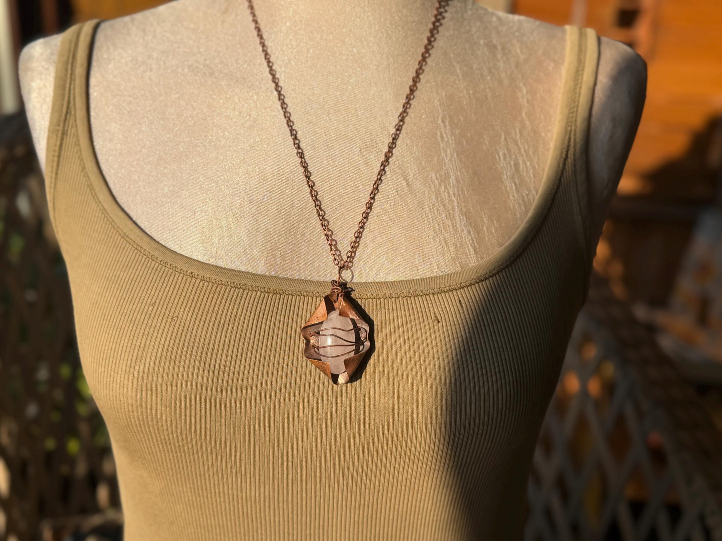 Eco friendly handmade necklace made from rose quartz & naturally weathered recycled copper. Ethical jewellery. Unique handmade jewellery.