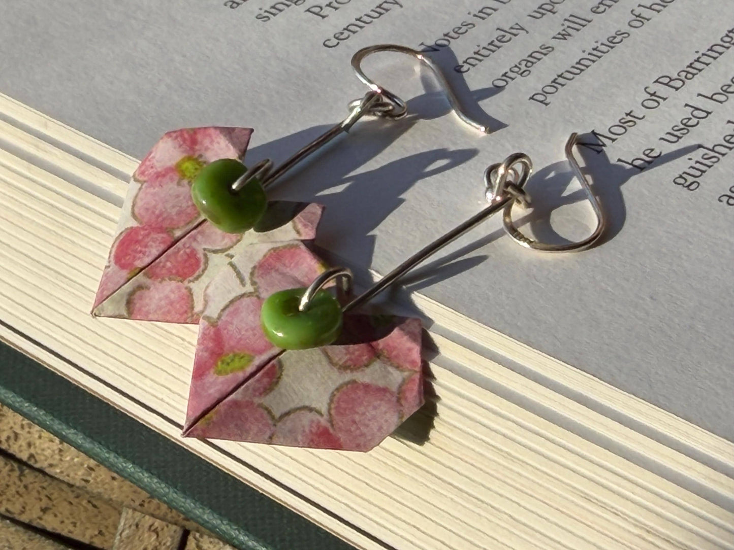 Heart origami earrings on recycled sterling silver. Eco friendly jewellery. Heart earrings. Handmade heart jewellery. PInk hearts on silver