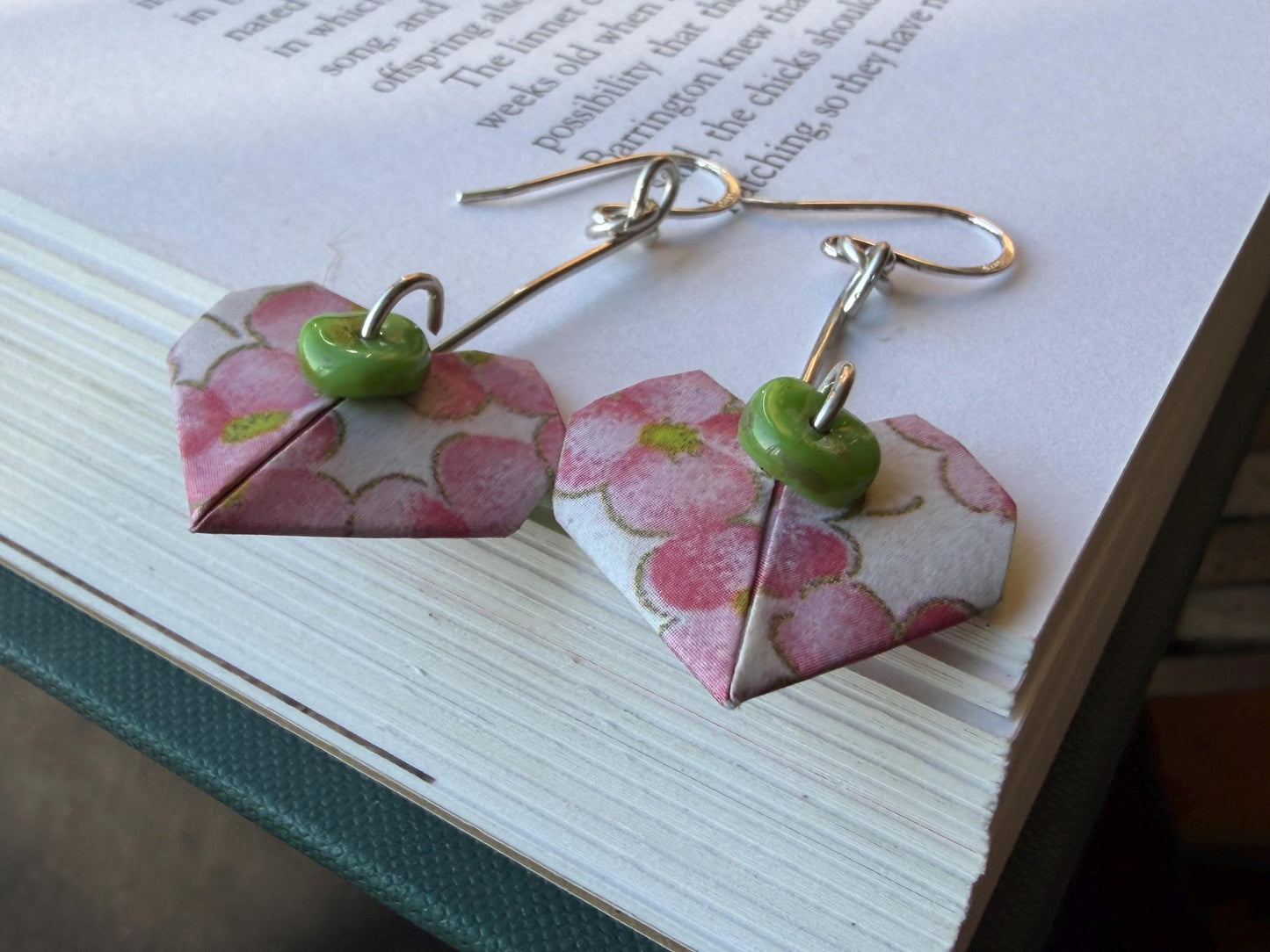 Heart origami earrings on recycled sterling silver. Eco friendly jewellery. Heart earrings. Handmade heart jewellery. PInk hearts on silver