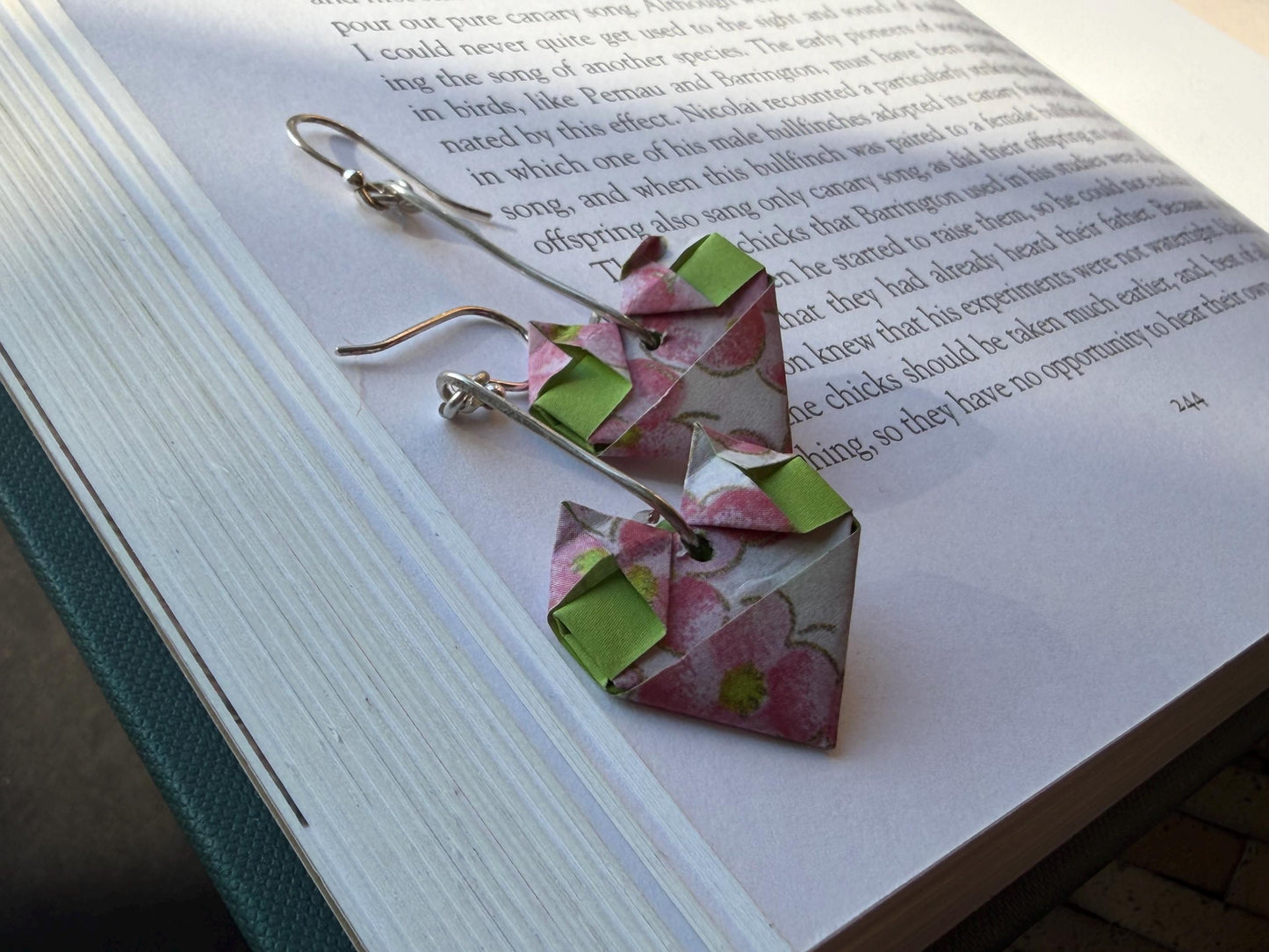 Heart origami earrings on recycled sterling silver. Eco friendly jewellery. Heart earrings. Handmade heart jewellery. PInk hearts on silver