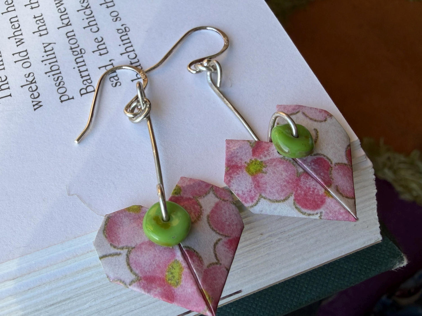 Heart origami earrings on recycled sterling silver. Eco friendly jewellery. Heart earrings. Handmade heart jewellery. PInk hearts on silver