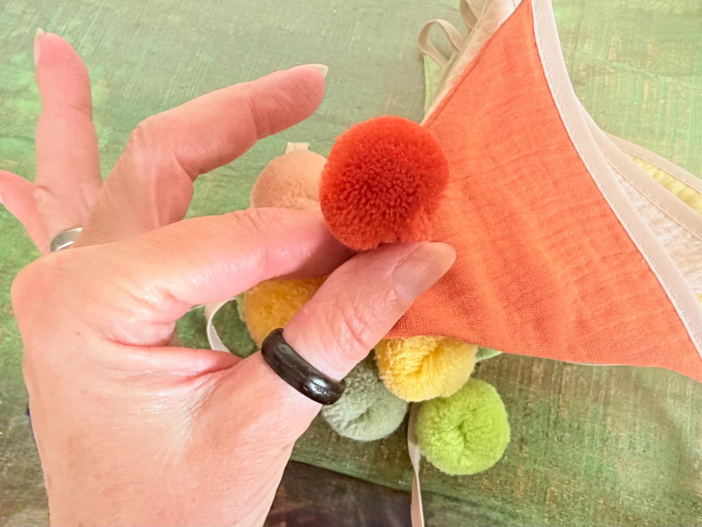 Cotton Pom Pom bunting in lovely earthy tones. Autumnal bunting. Cotton bunting with long ties. Boho bunting for home, garden and parties