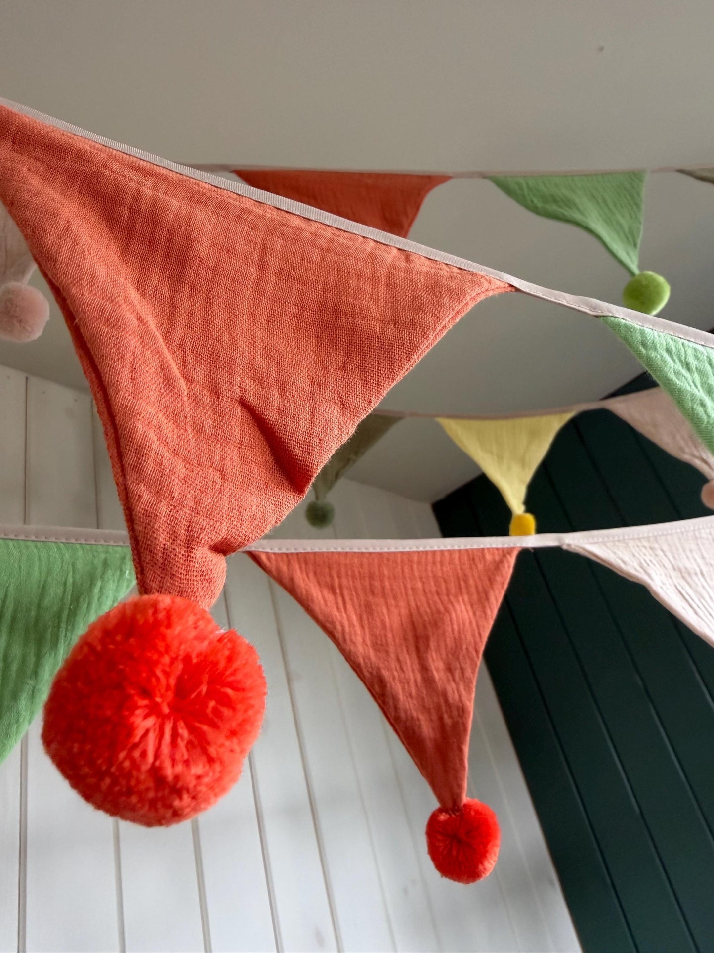 Cotton Pom Pom bunting in lovely earthy tones. Autumnal bunting. Cotton bunting with long ties. Boho bunting for home, garden and parties