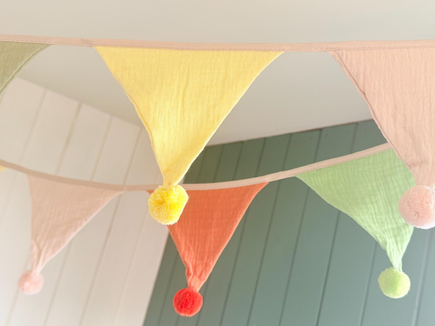 Cotton Pom Pom bunting in lovely earthy tones. Autumnal bunting. Cotton bunting with long ties. Boho bunting for home, garden and parties